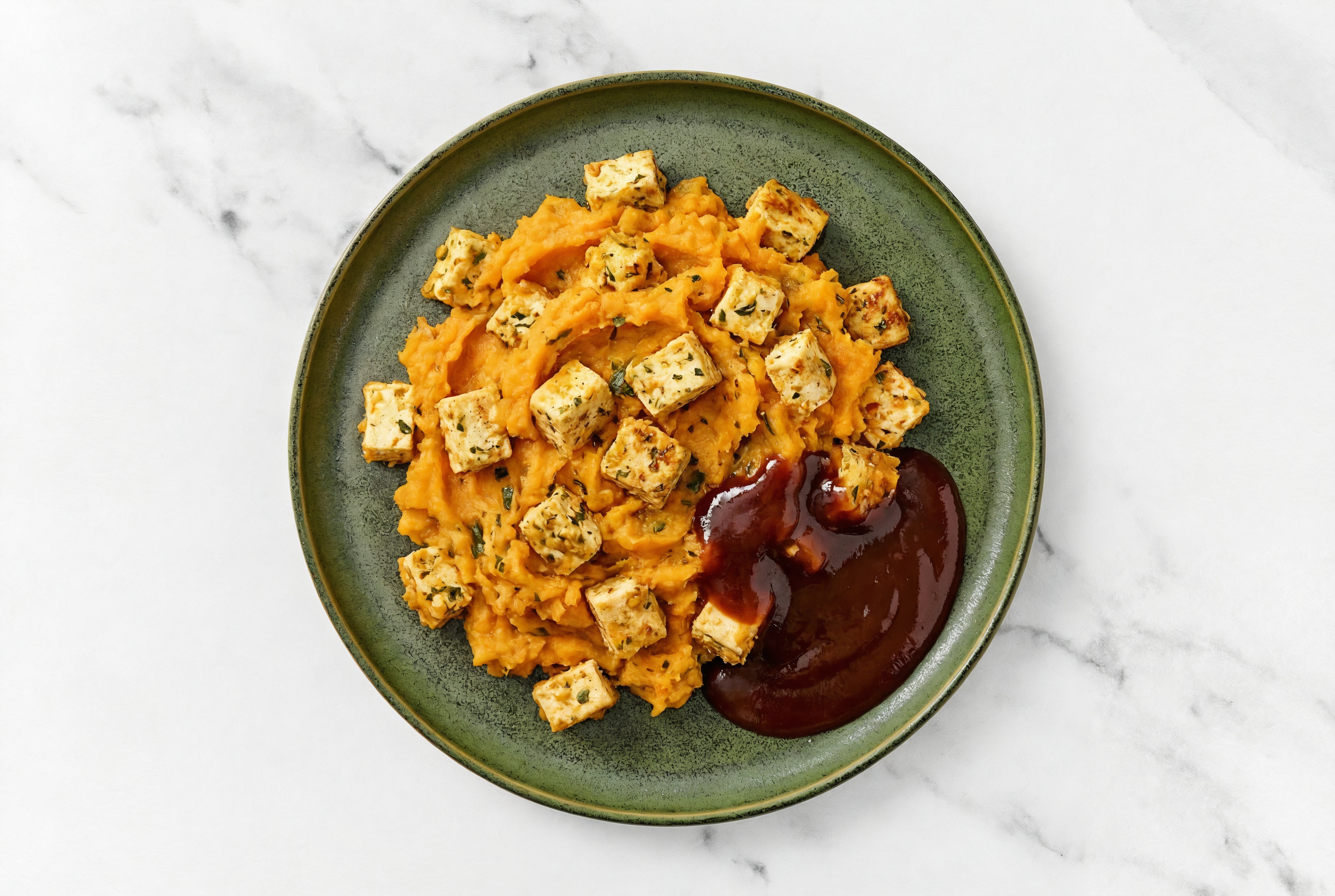Sweet BBQ Tofu Bites with Mashed Sweet Potatoes with Original BBQ Sauce
