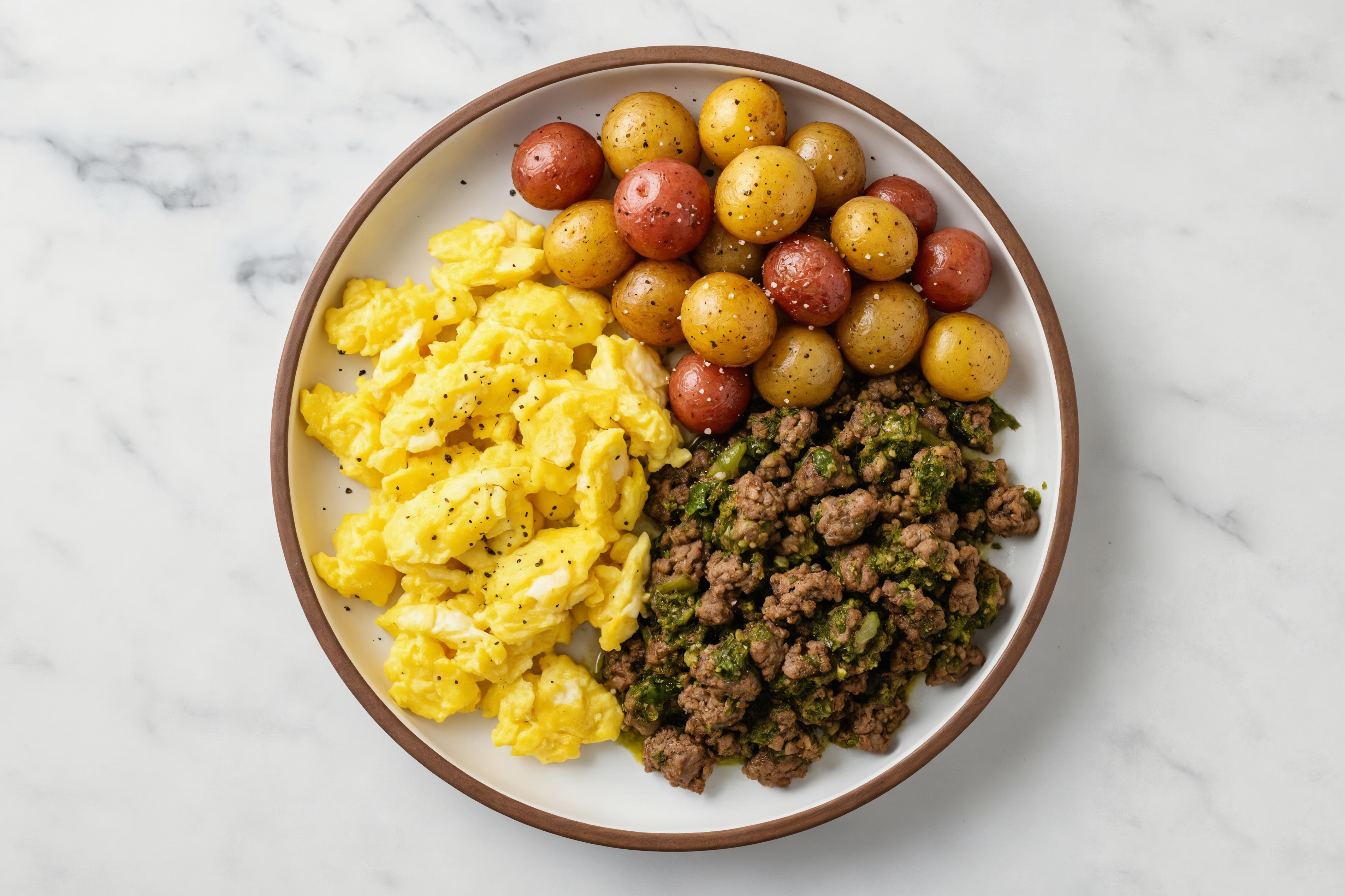 Eggs + Chimichurri Ground Beef Patties Plate with Multicolor Potatoes