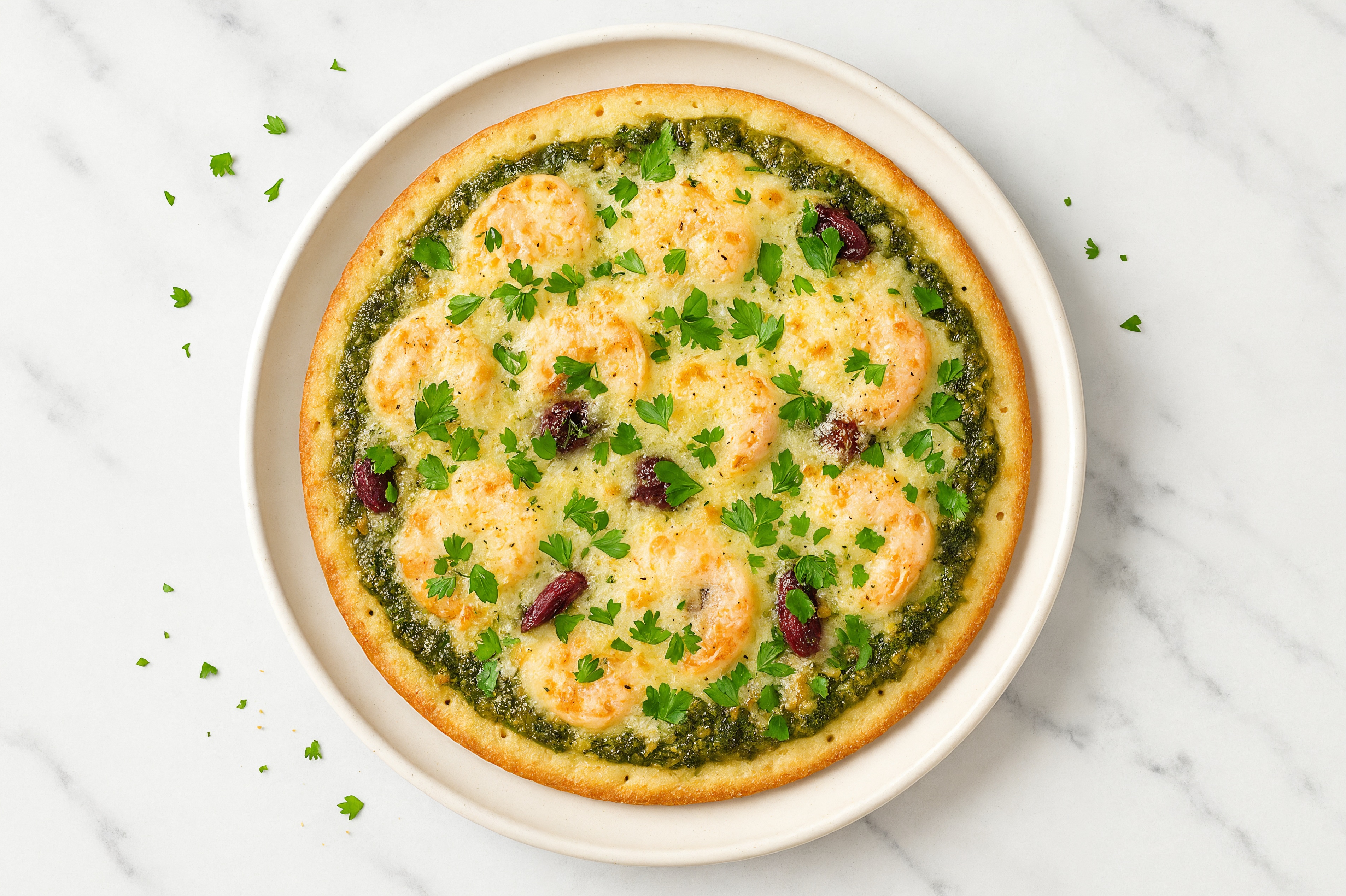 Pesto Shrimp + Olives Gluten-Free Pizza with Parsley
