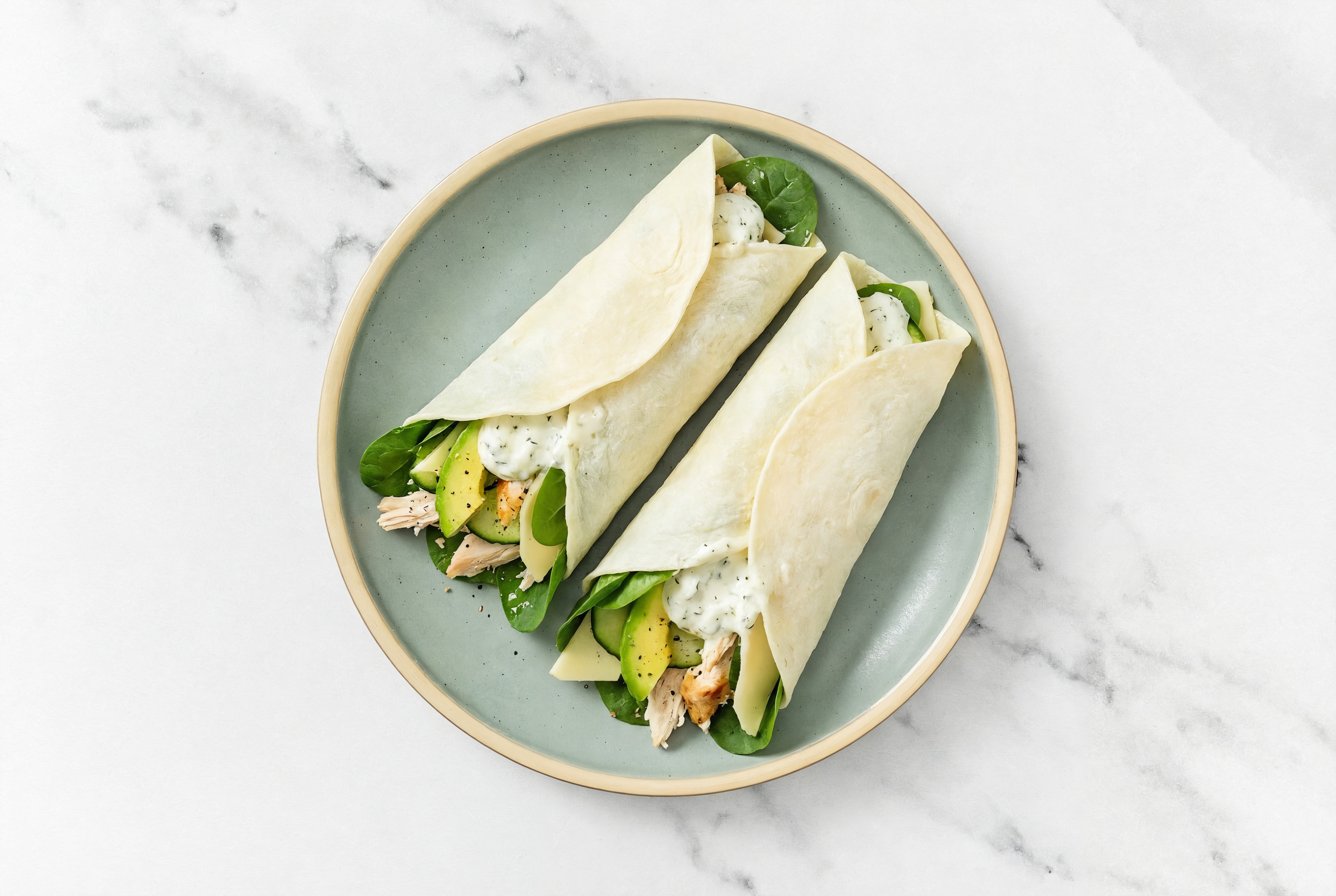 Tzatziki Avocado + Havarti Wraps with Spinach