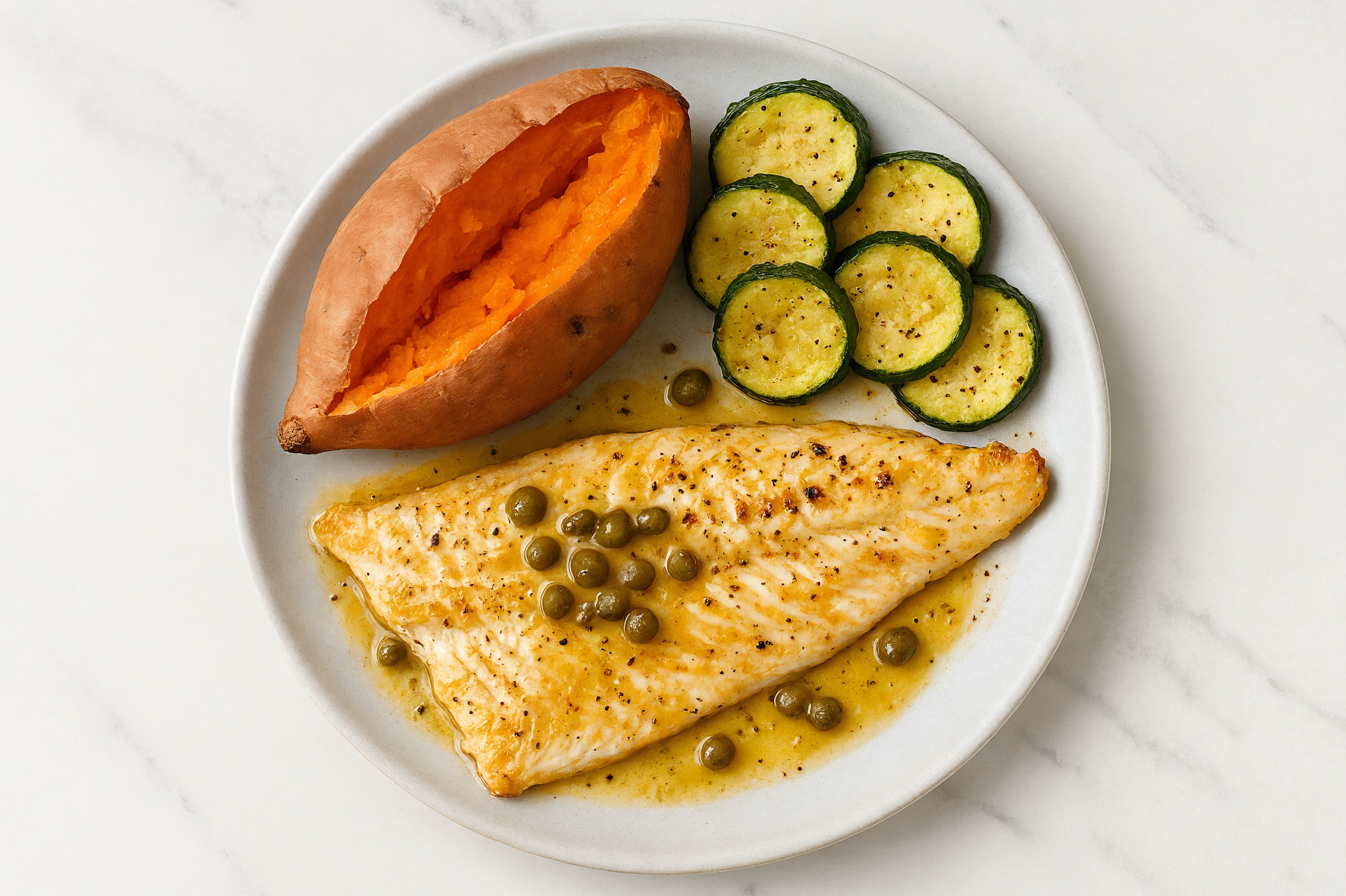 Caper-Slow Churned Lemon & Peppercorn Pasture Butter Trout with Sweet Potato & Zucchini