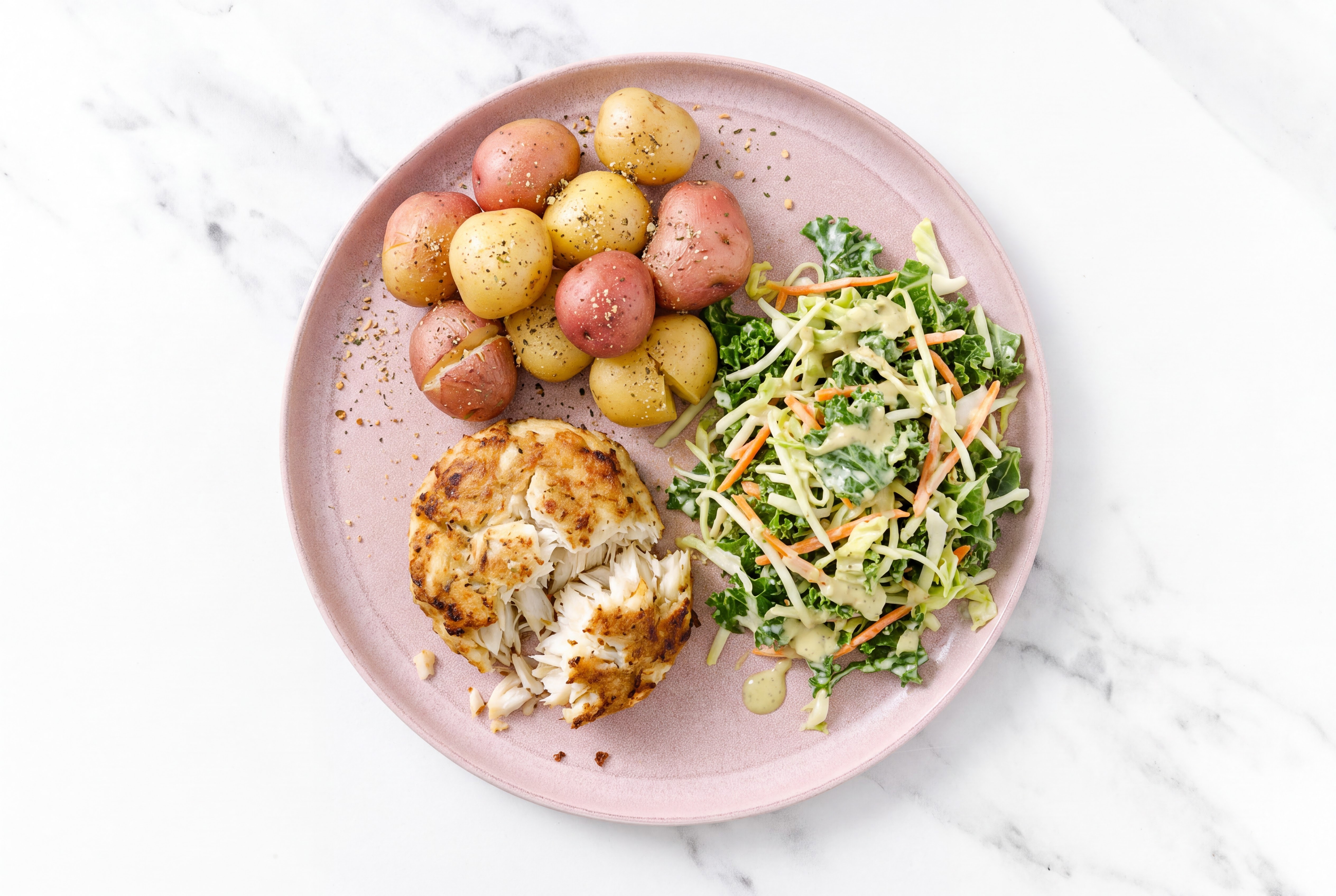 Herby Crispy Jumbo Lump Crab Cakes with Ranch Potatoes + Coleslaw