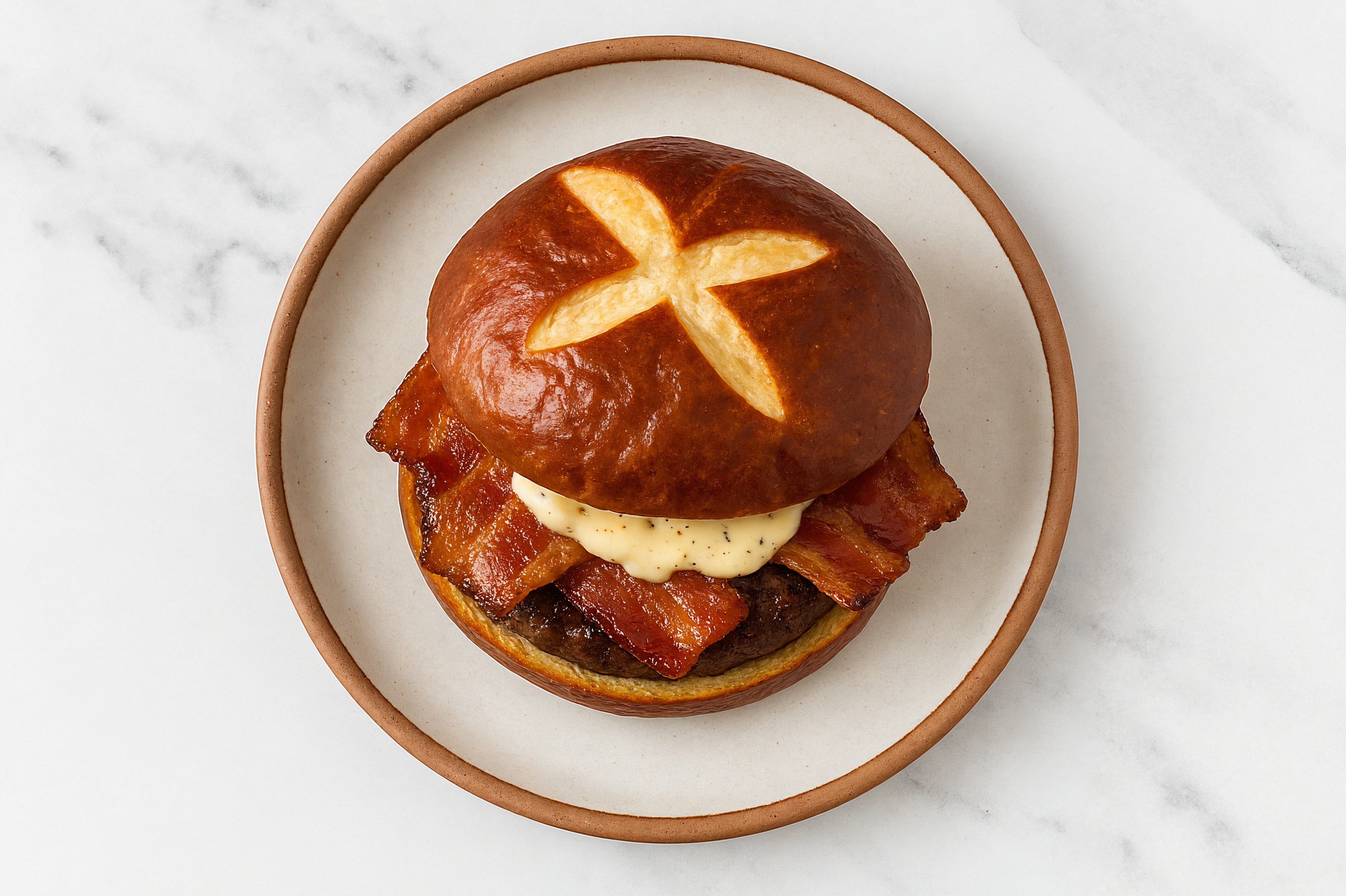 Beef Burger on Pretzel with Asiago Sauce & Applewood Smoked Pork Bacon