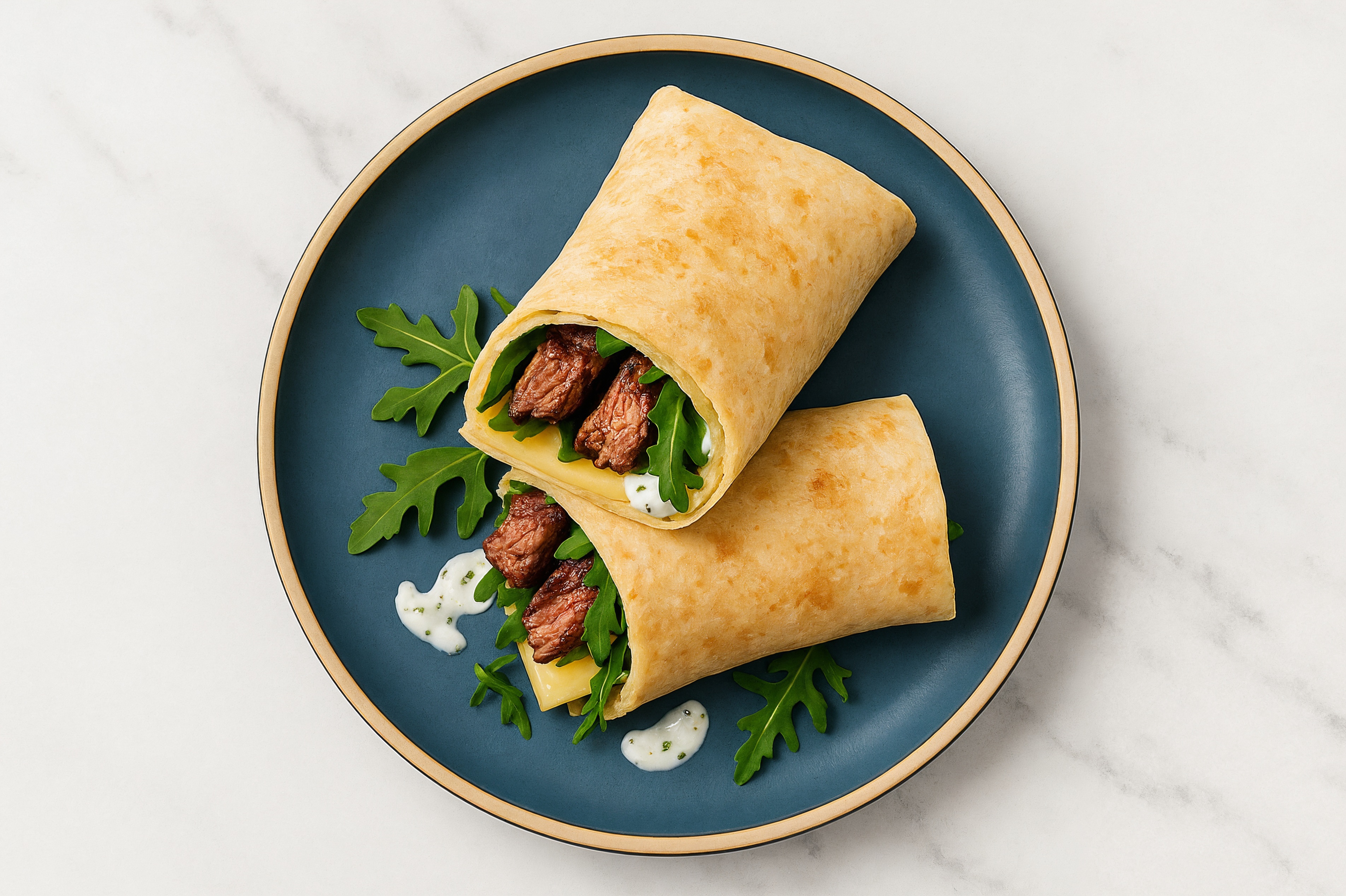 Tzatziki Sliced Steak + Havarti Tortilla Wraps with Arugula