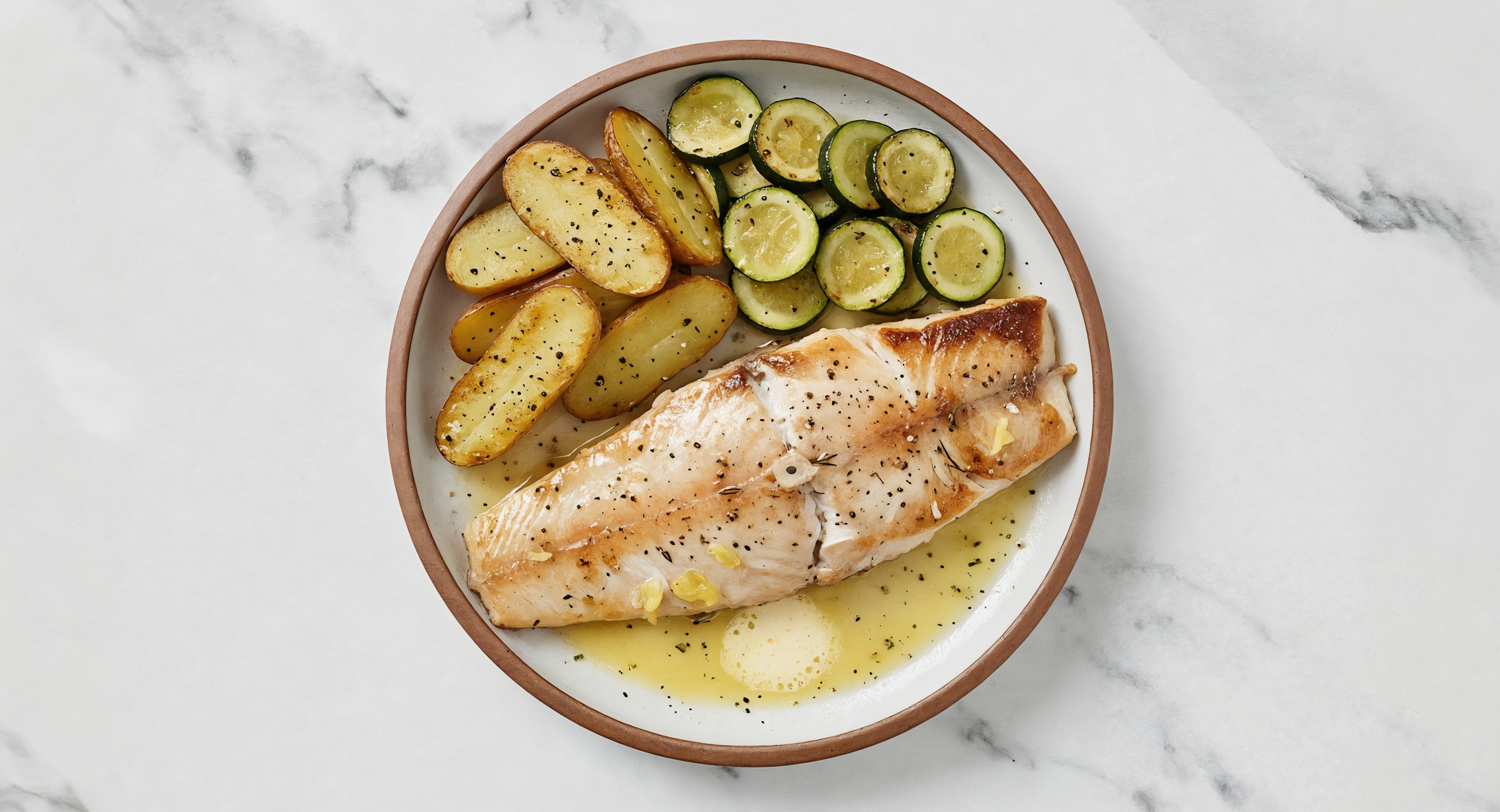 Lemon-Slow Churned Pasture Butter Trout with Fingerling Potatoes & Zucchini