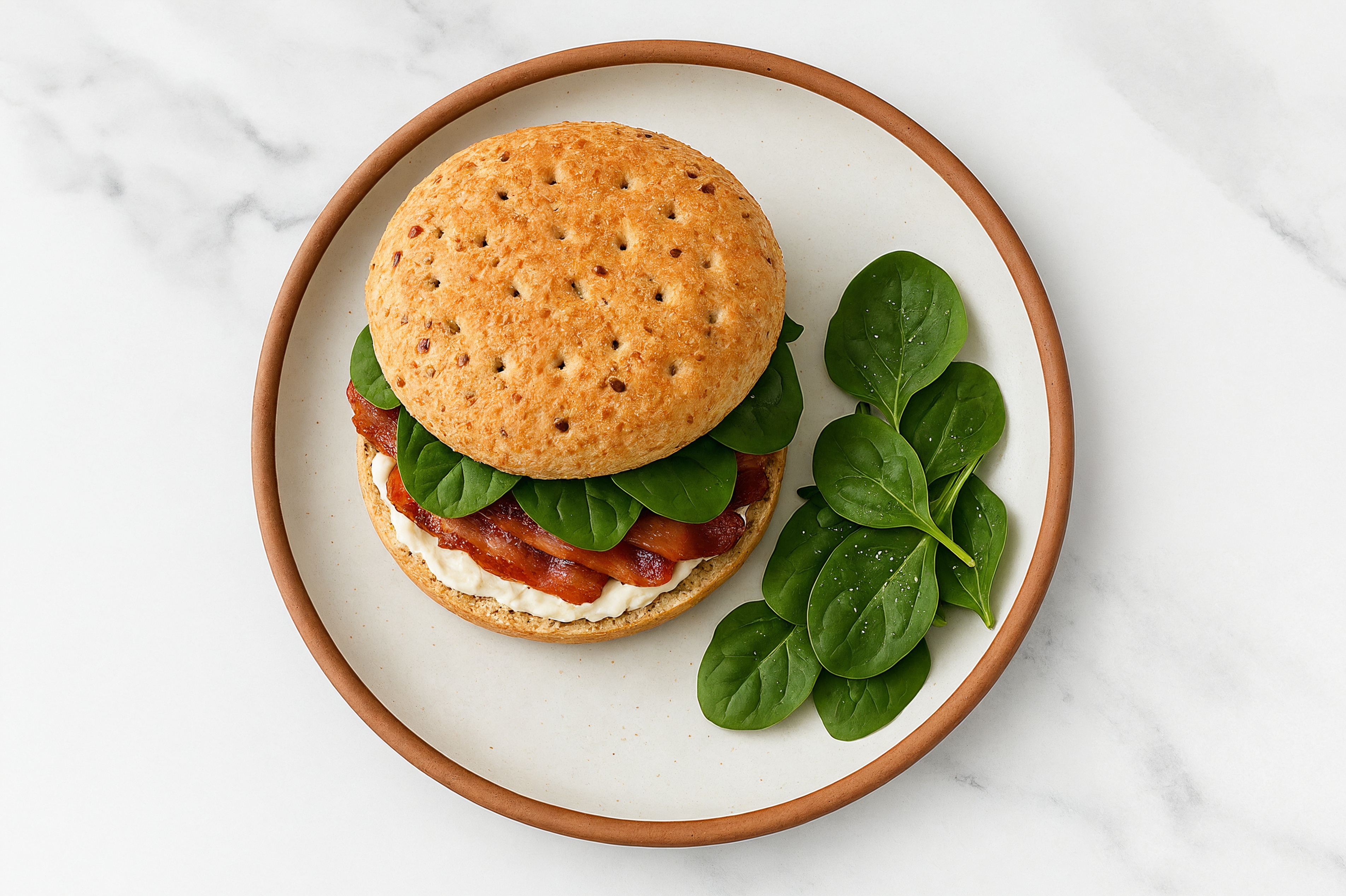 Savory Dairy-Free Cream Cheez + Turkey Bacon Sandwich with Baby Spinach