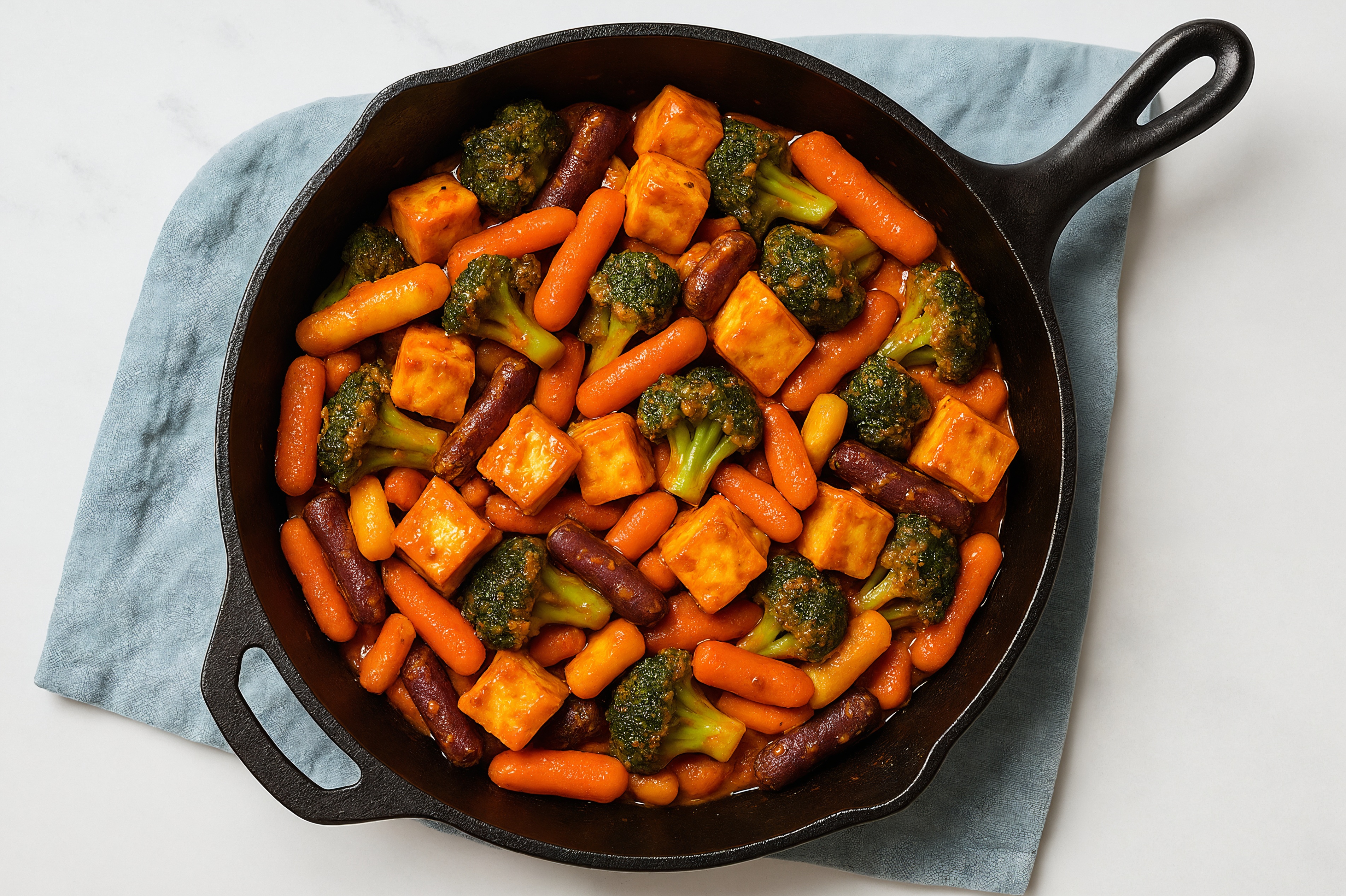 Soft & Creamy Paneer in Peppery Sauce with Broccoli + Carrots over Rice with Beans