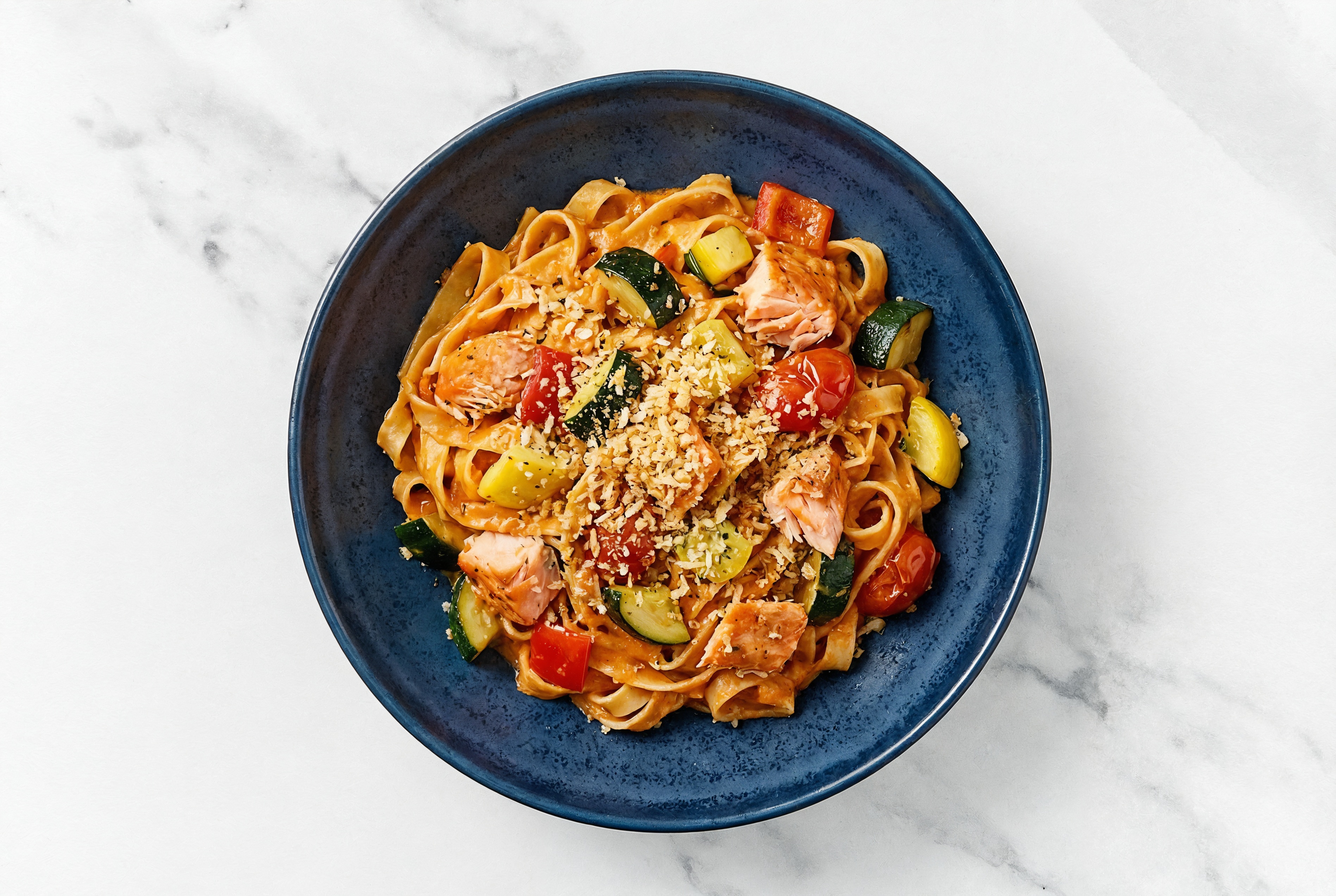 Creamy Sockeye Tagliatelle with Mixed Veggies + Toasted Panko