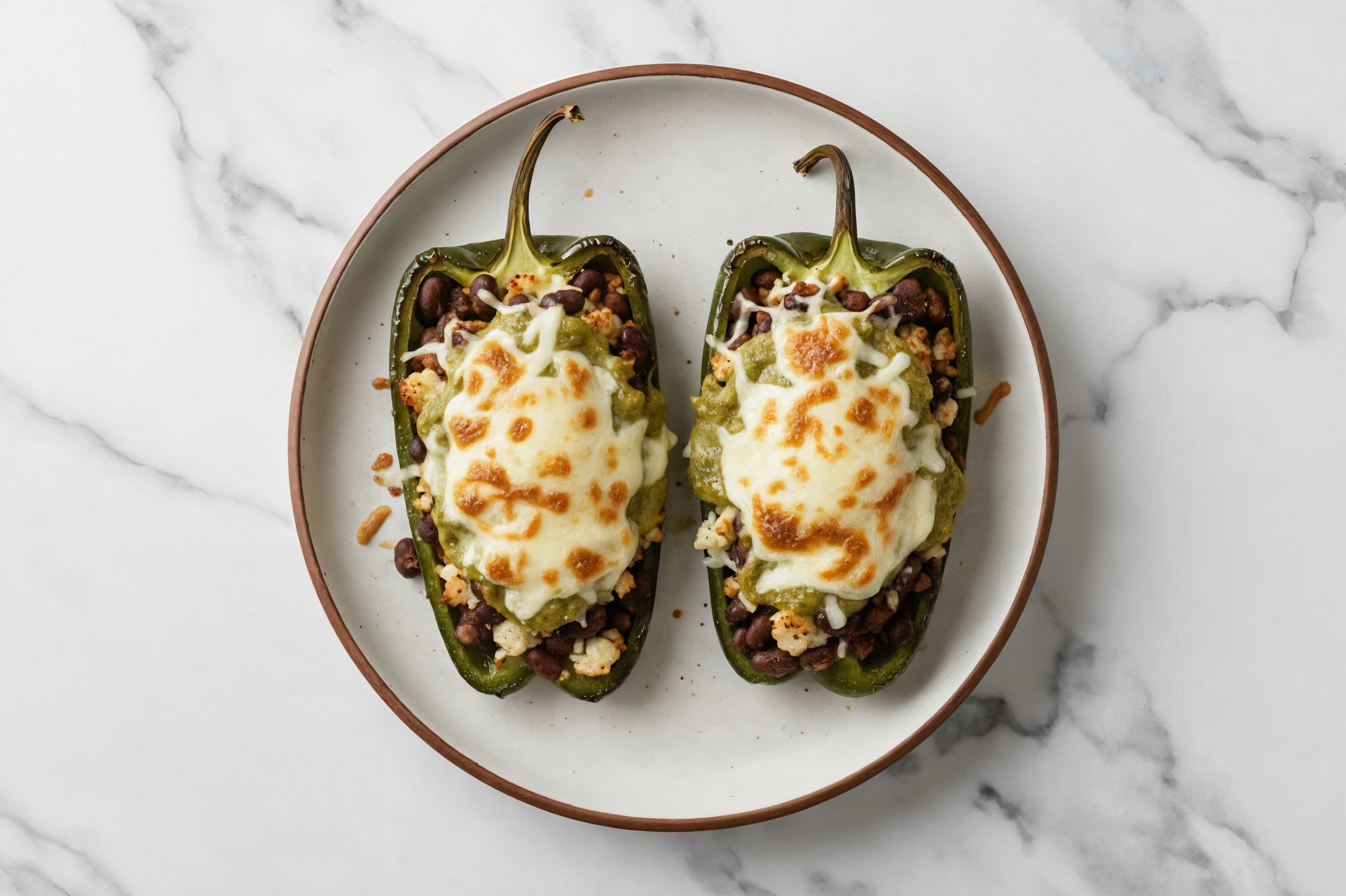 Cheesy Bean + Rice Stuffed Poblano Peppers with Shredded Mozzarella Cheese