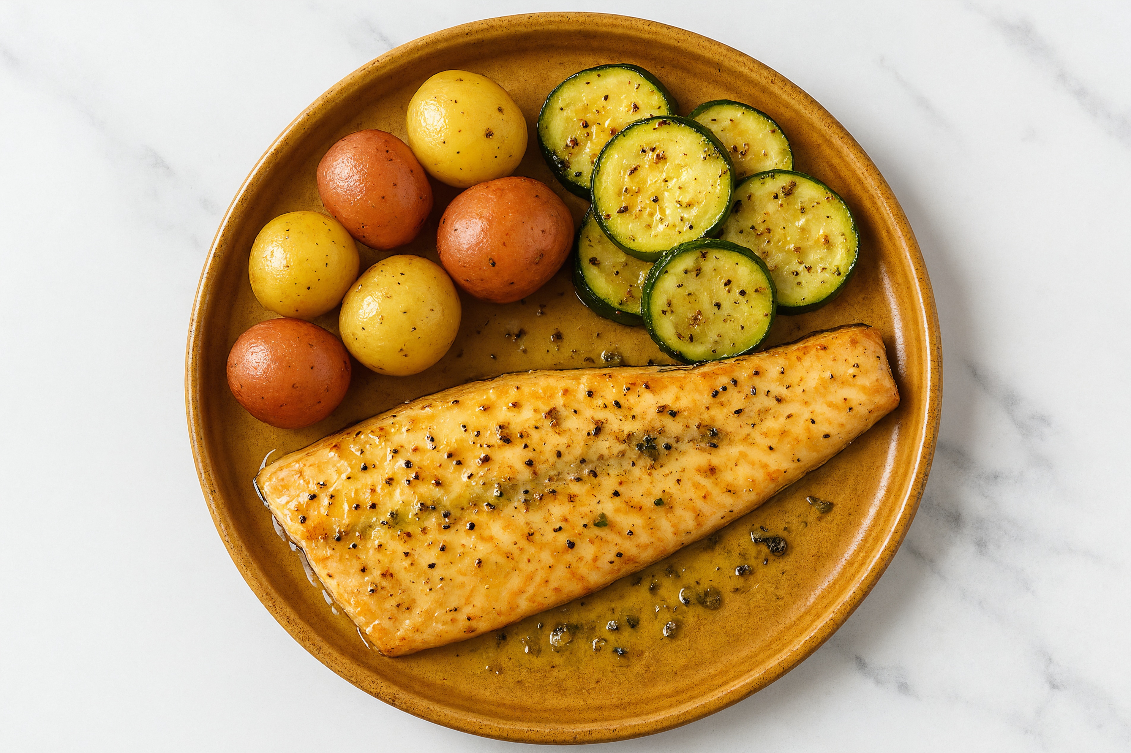 Lemon-Slow Churned & Peppercorn Pasture Butter Trout with Creamer Potatoes & Zucchini