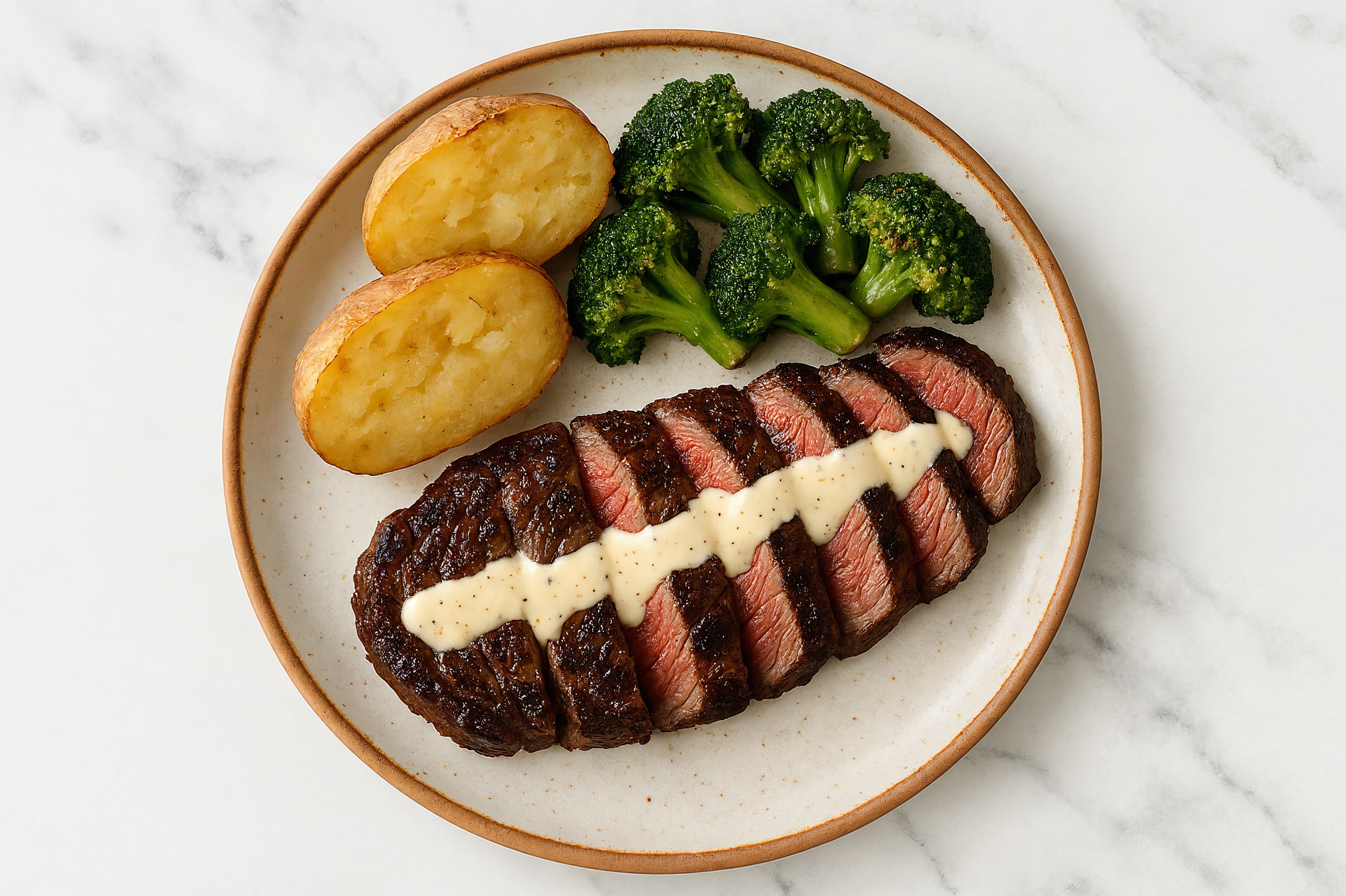 Creamy Asiago + Peppercorn Wagyu Ribeye with a Baked Potato with Broccoli Florets