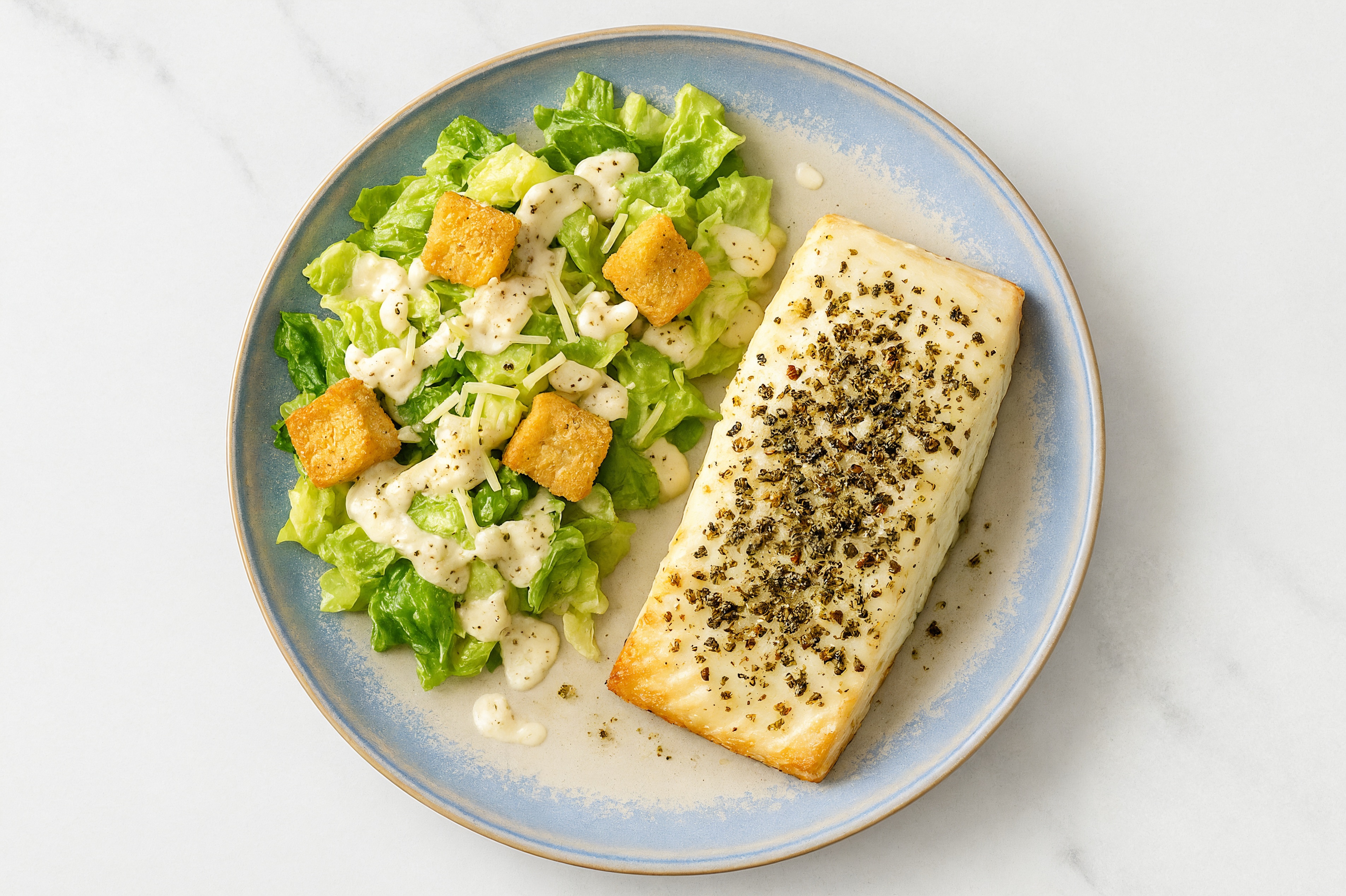 Balsamic Aioli Halibut + Caesar Salad