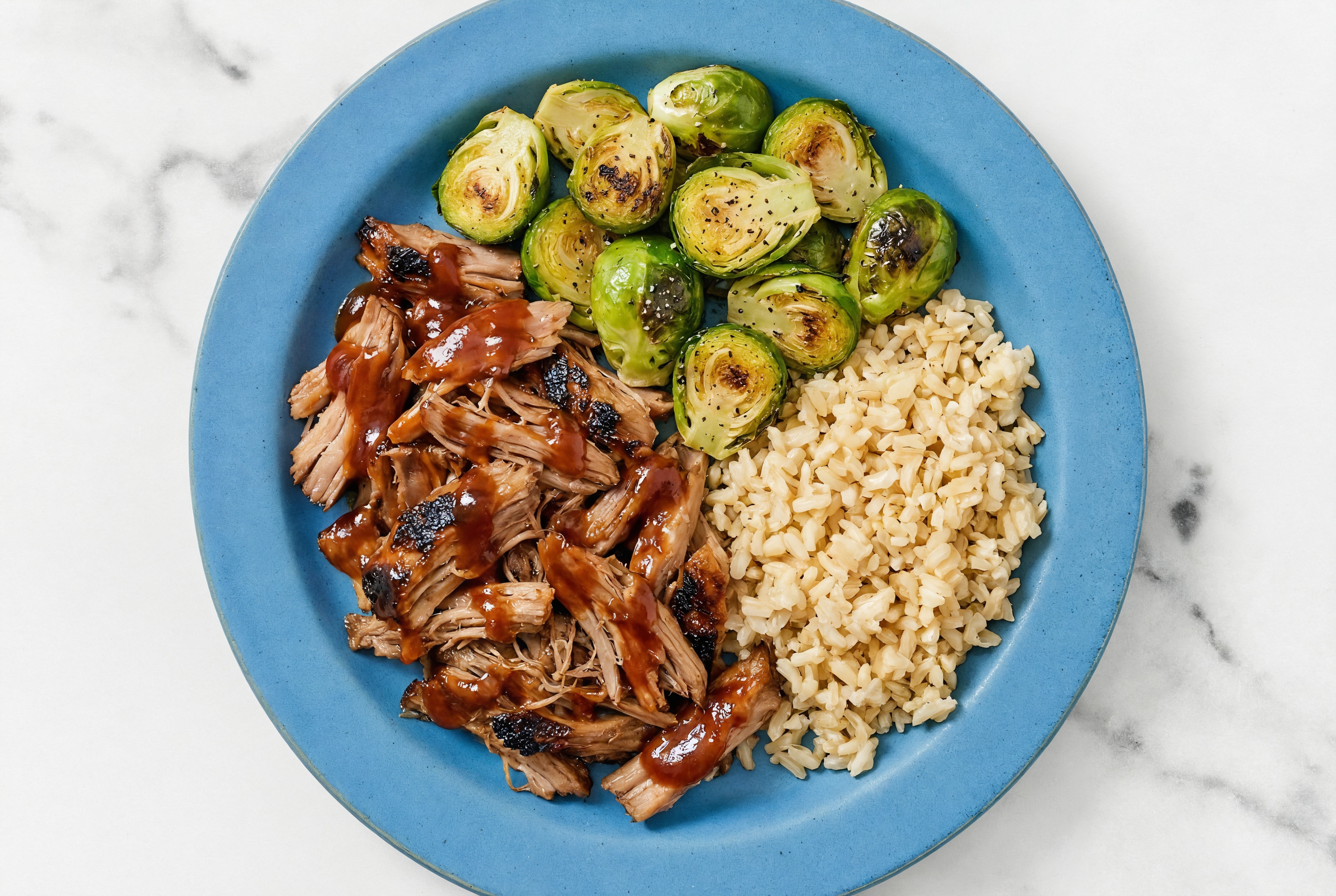 BBQ Pork with Brussels + Rice