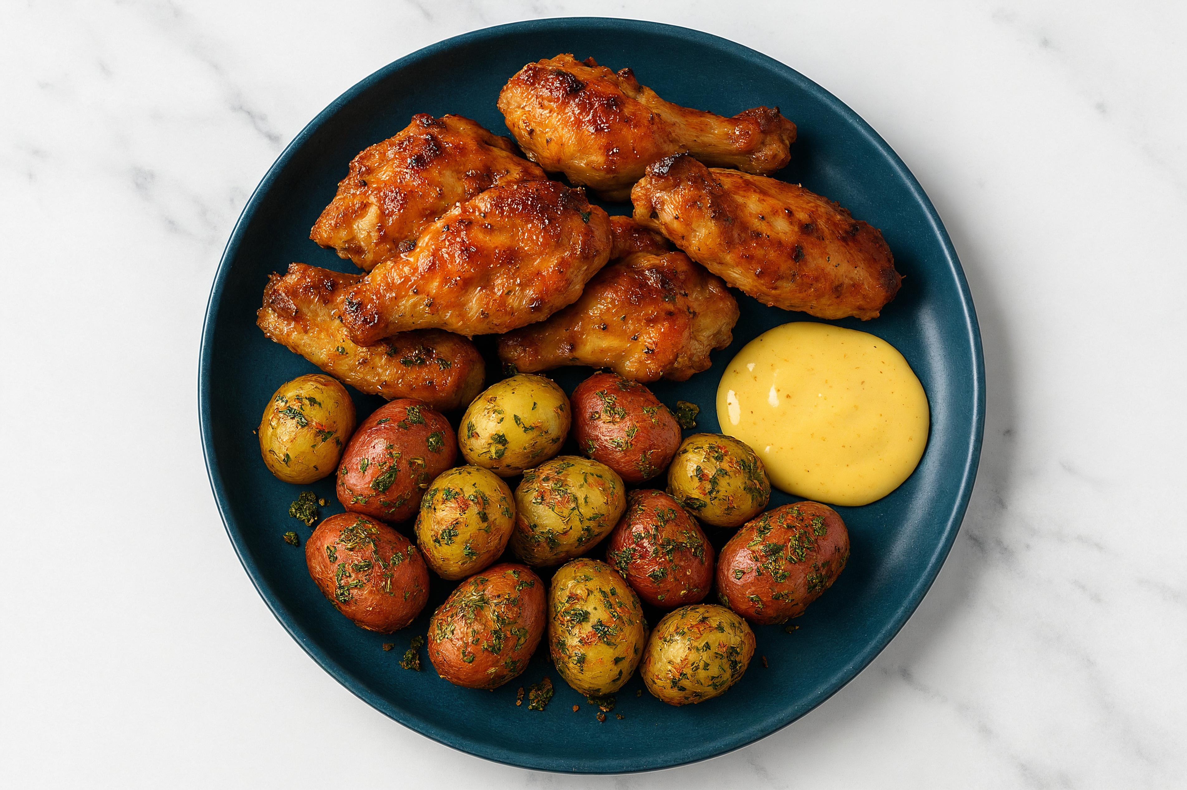 Honey Mustard Chicken Wings + Garlic Potatoes