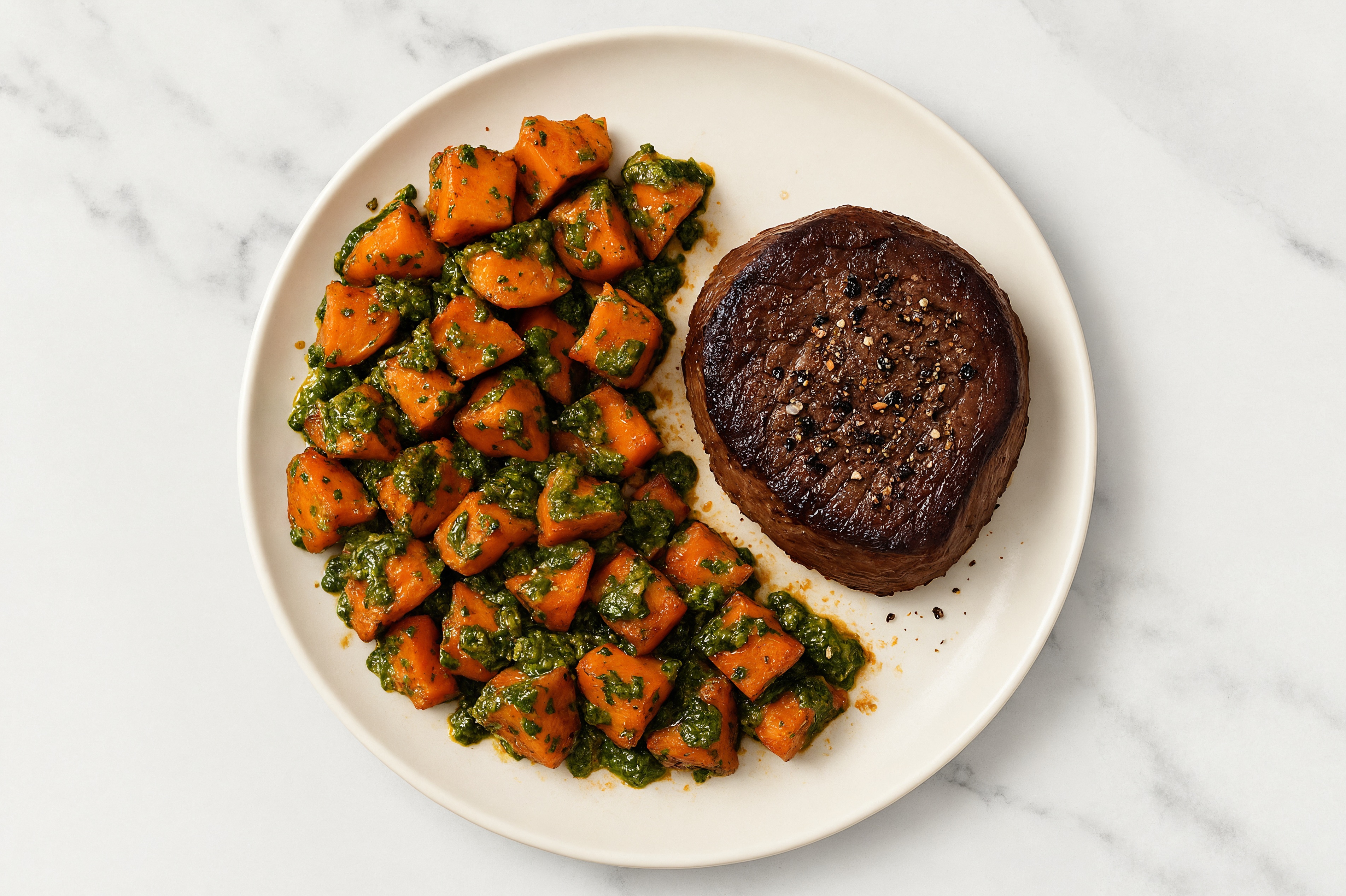 Filet Mignon + Chimichurri Sweet Potatoes