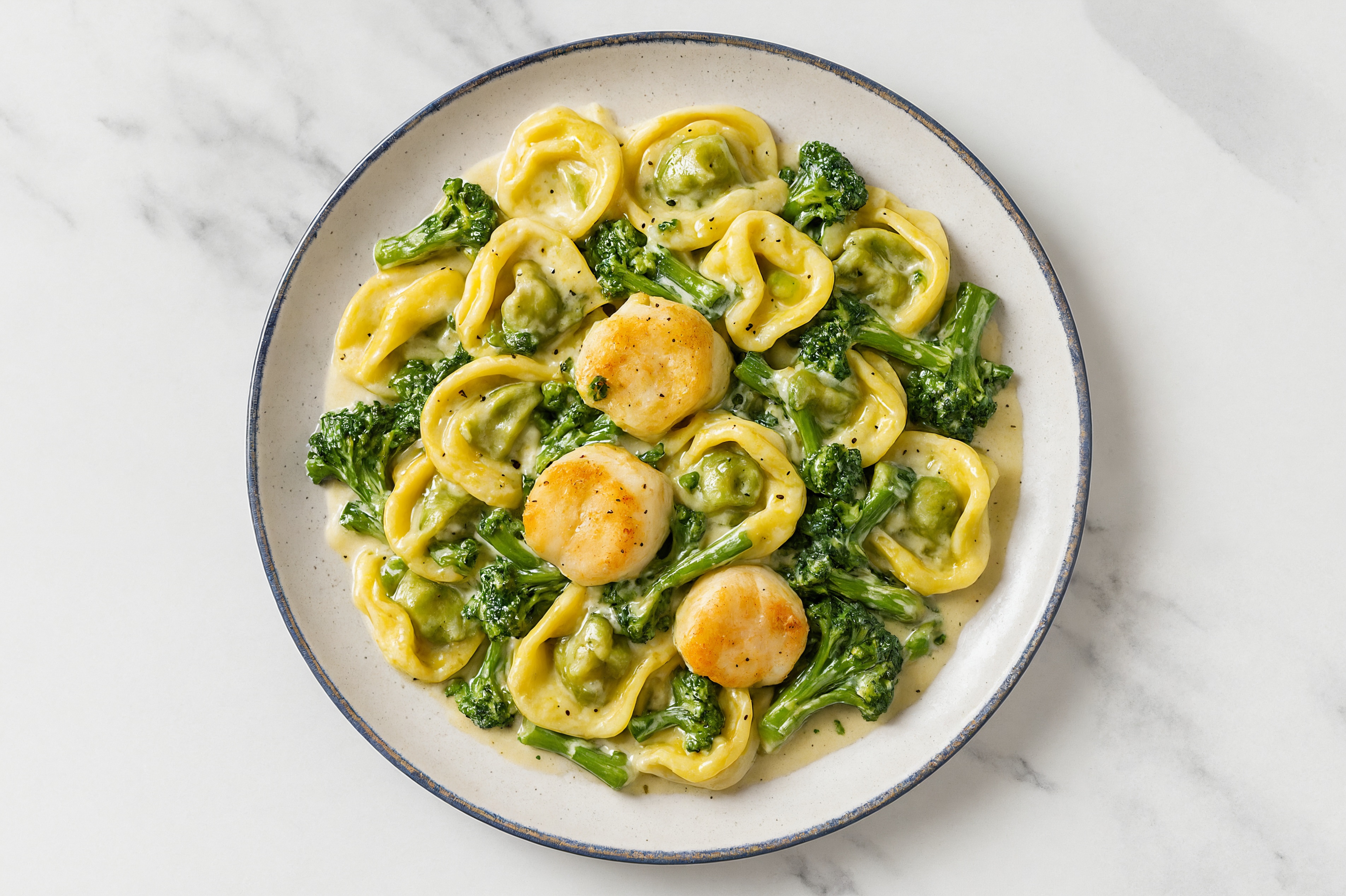 Alfredo Tortellini with Scallops & Baby Broccoli