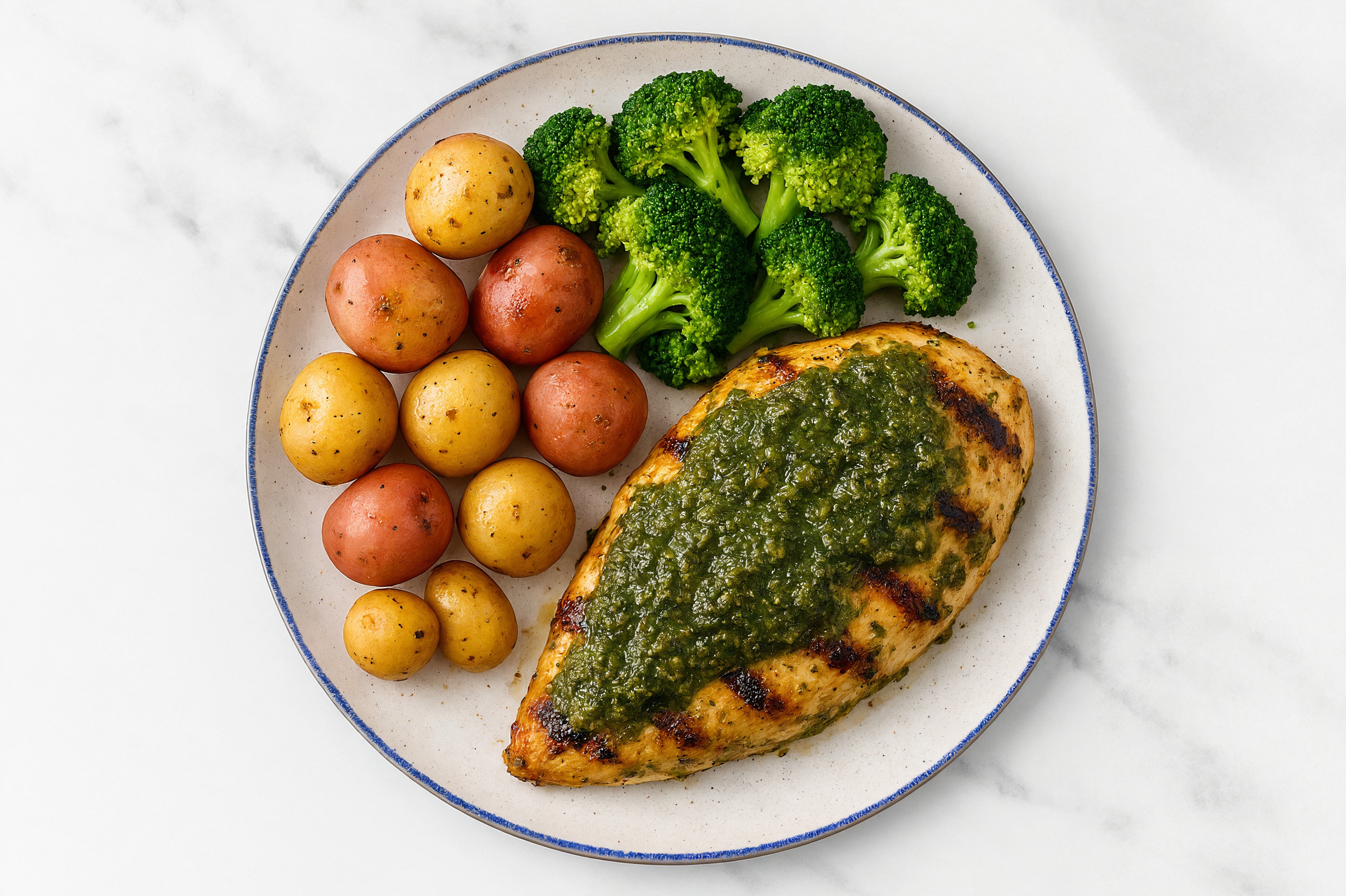 Hearty Grilled Pesto Seasoned Chicken Breast + Roasted Potatoes