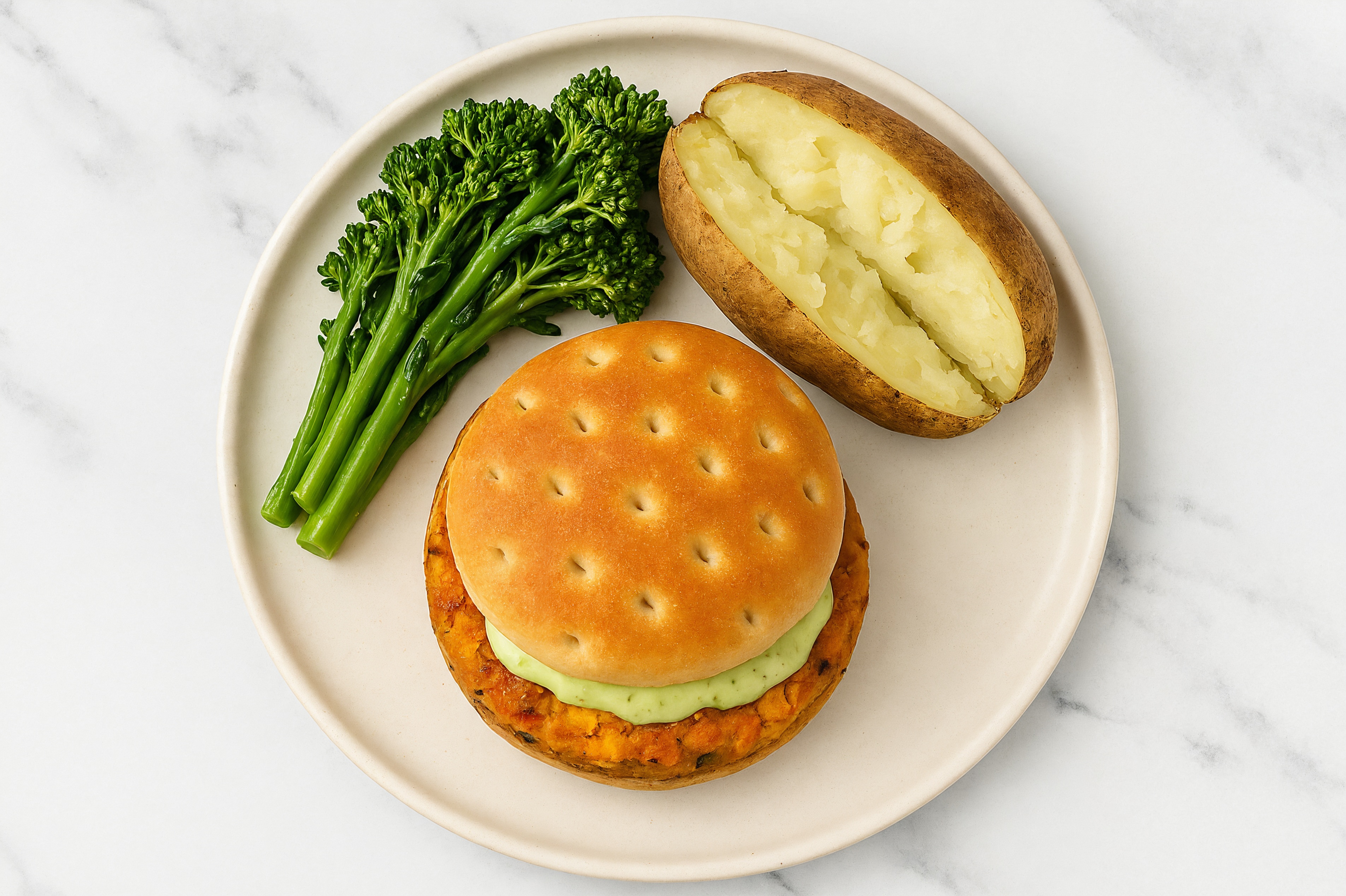 Jalapeño Sweet Potato Burger on Brioche with Baby Broccoli