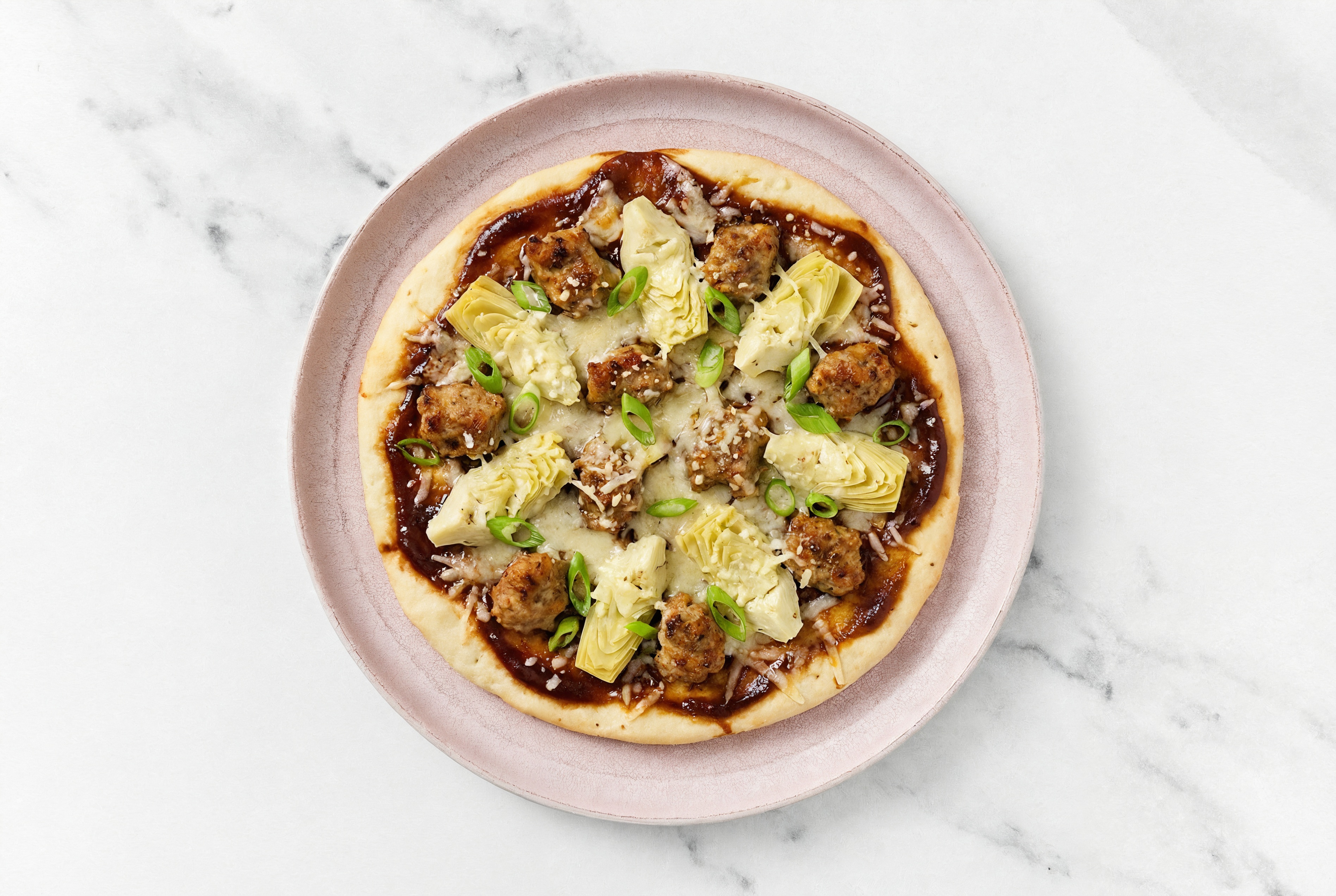 BBQ Turkey Sausage + Artichoke Gluten-Free Pizza with Scallions with Grated Parmesan Cheese