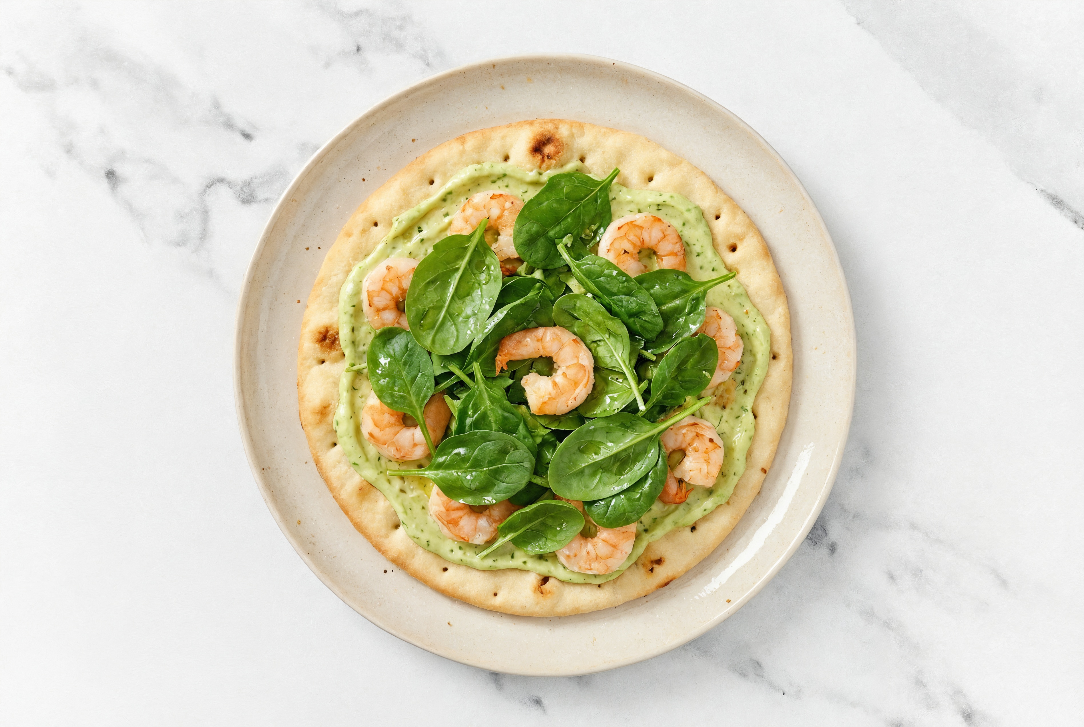 Garlicky Shrimp + Spinach Flatbread