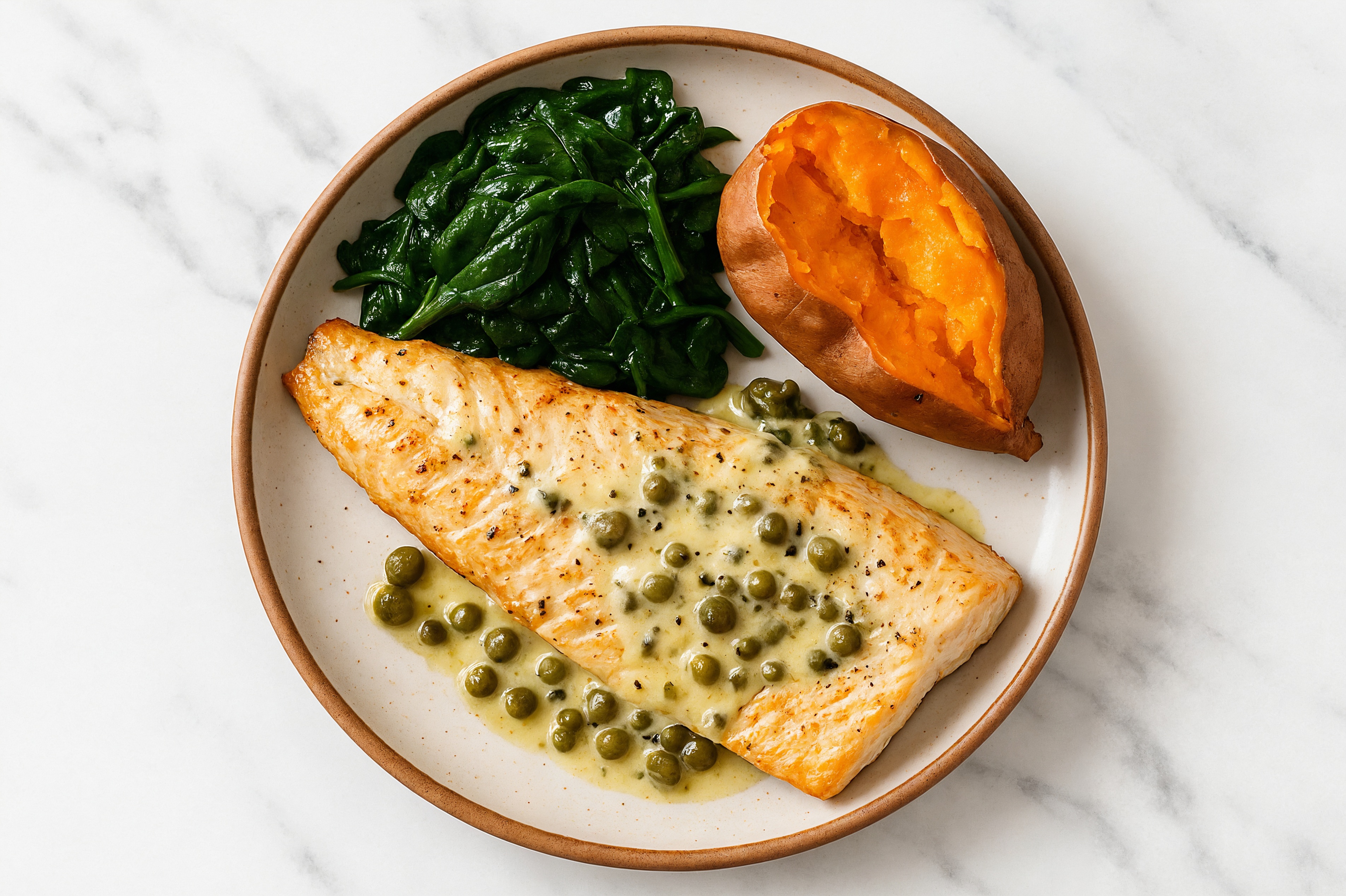 Caper-Slow Churned Lemon & Peppercorn Pasture Butter Trout with Sweet Potato & Spinach