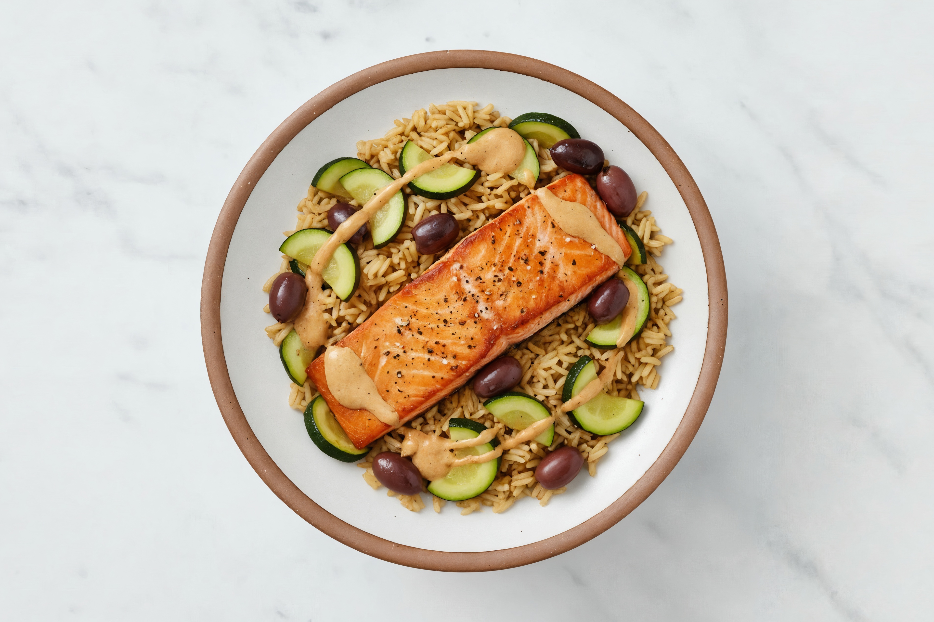 Mediterranean Salmon Grain Bowl with Garlicky Smoky BBQ Dipping Sauce