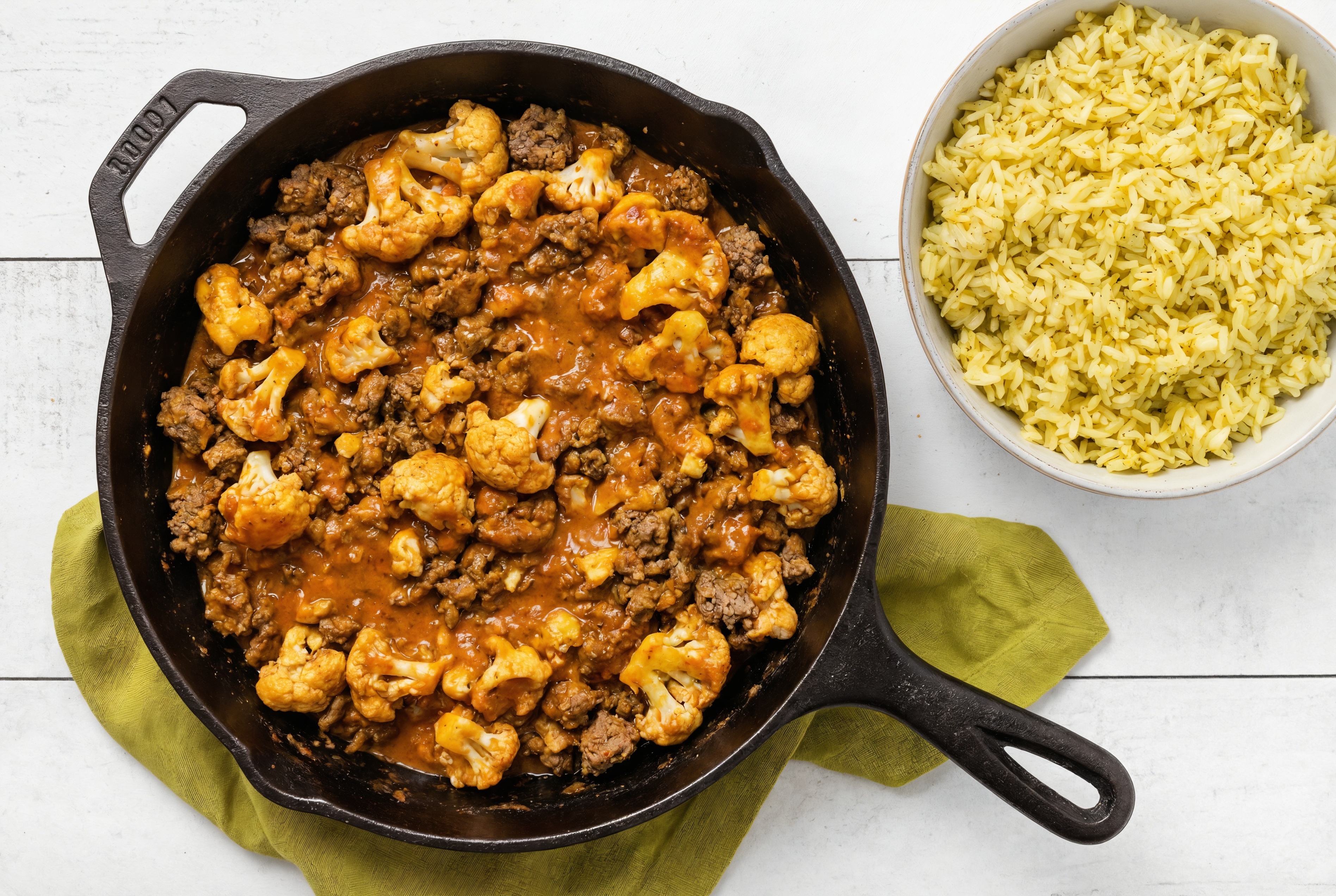 Tikka Masala Ground Beef Stir-Fry with Cauliflower over Jasmine Rice