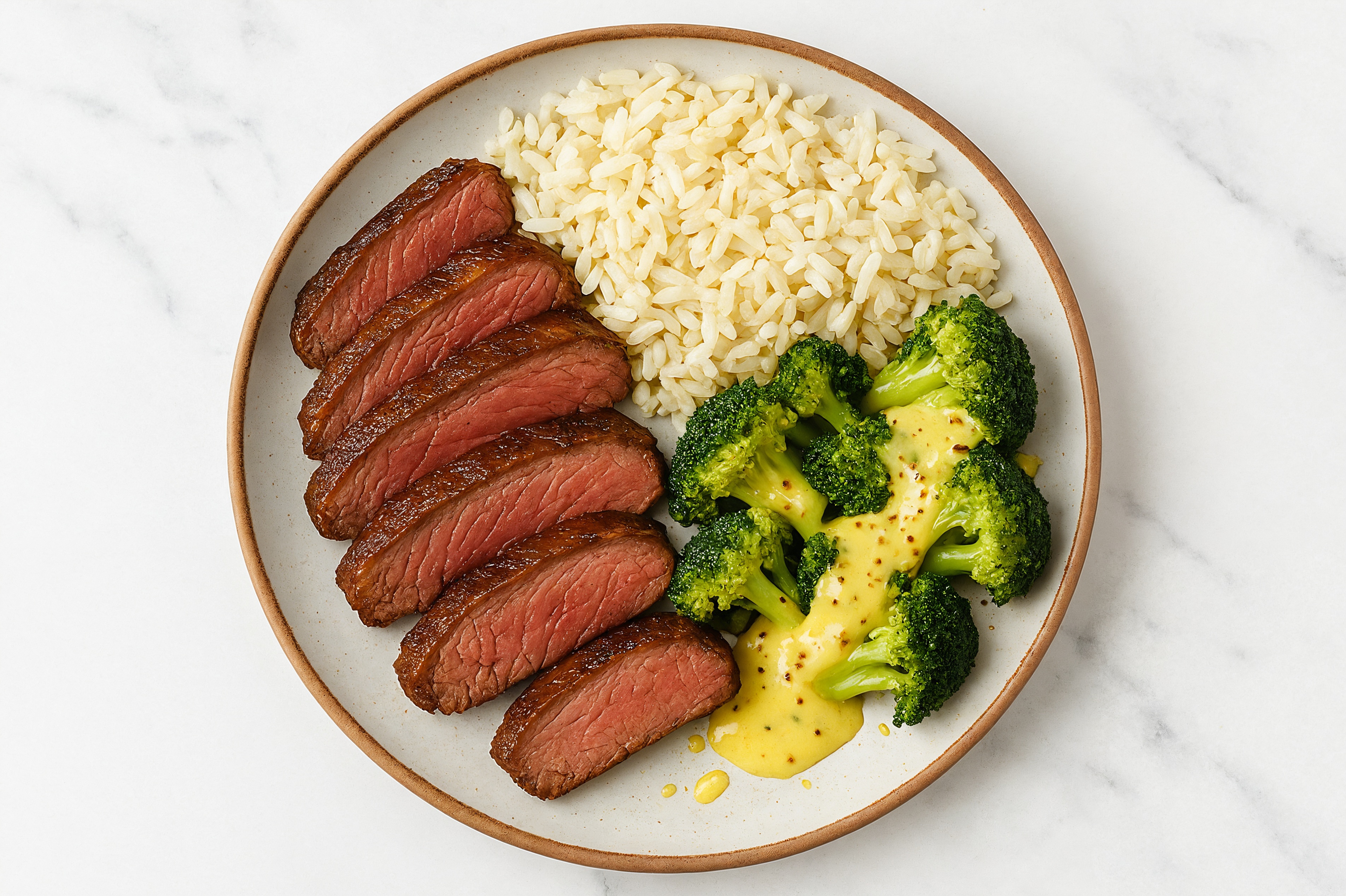 Grass-Fed Beef Sirloin Steaks + Rice, Honey Mustard Sauce, Organic Broccoli