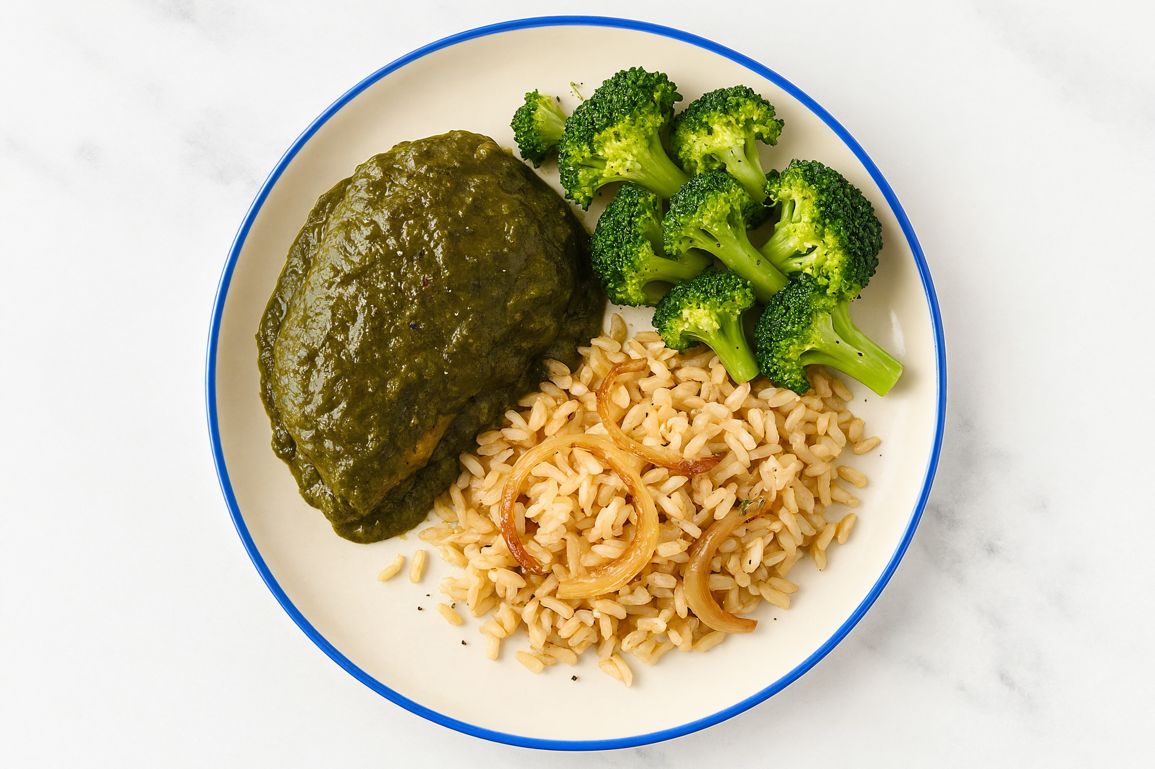 Stove-Top Chicken Saag + Caramelized Onion Rice Pilaf with Broccoli Florets