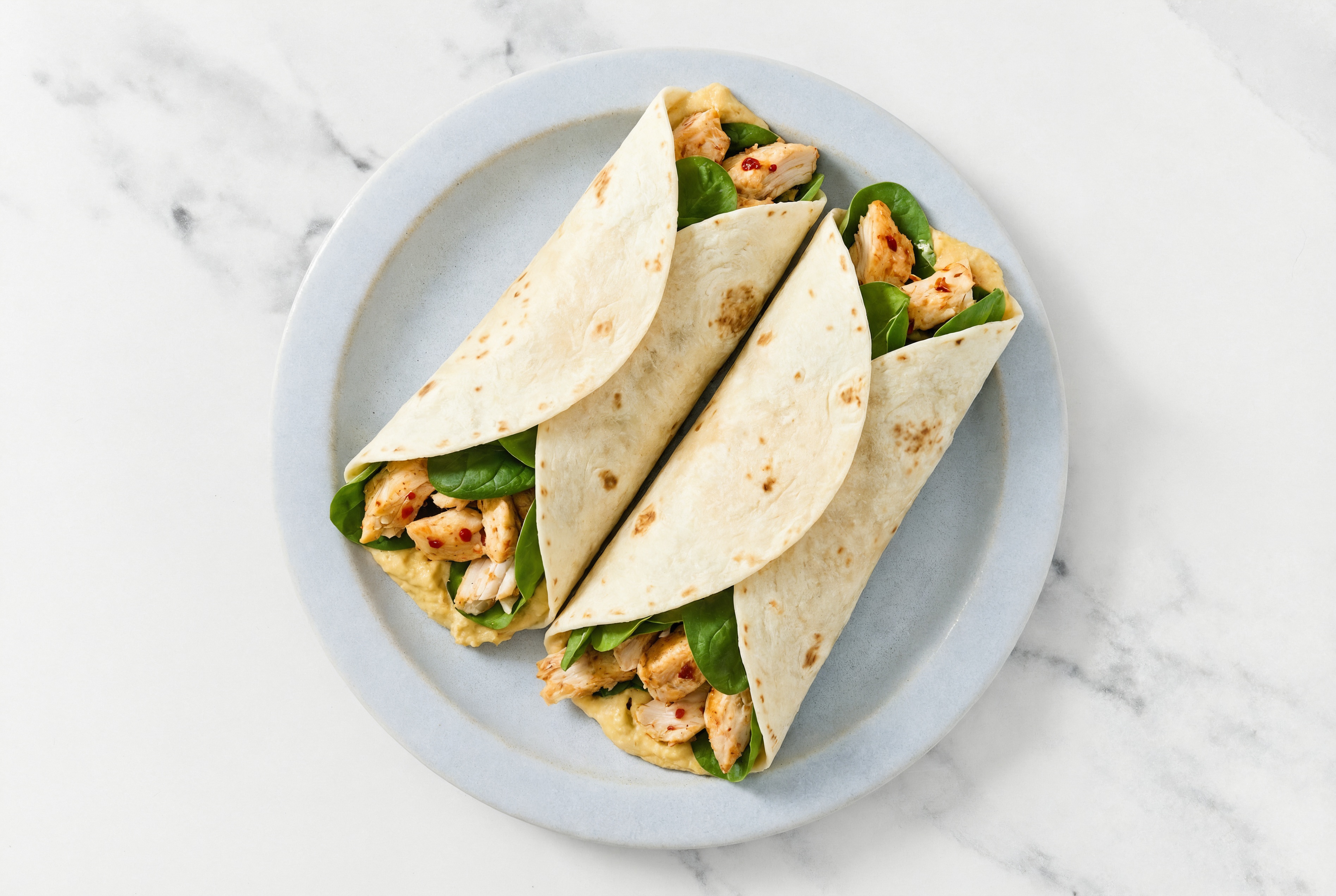 Herby Lemony French Onion Hummus + Chile Chicken Wrap