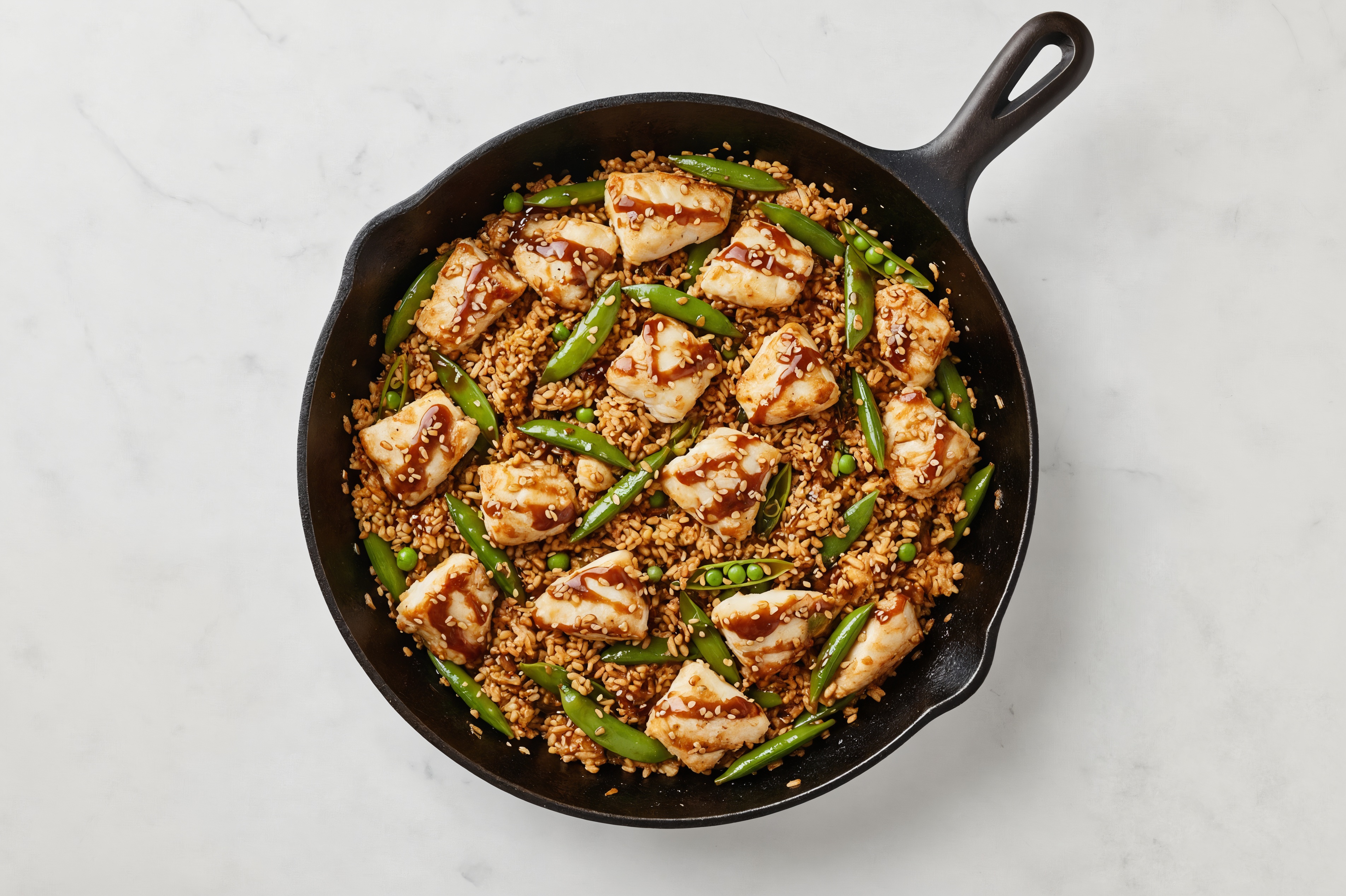 Teriyaki Pea Snap + Wild Halibut Stir-Fry with Riced Cauliflower