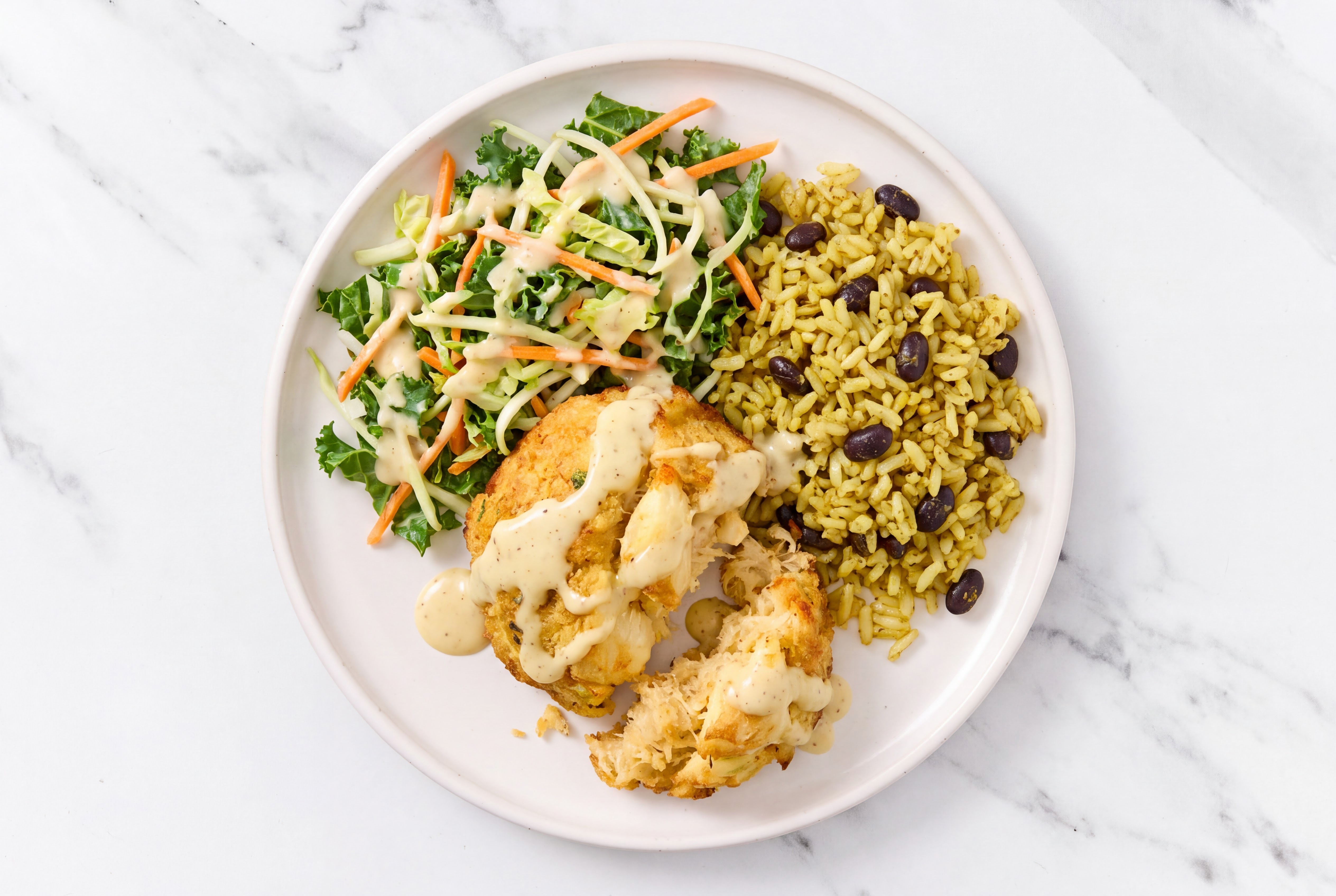 Jumbo Lump Crab Cakes with Veggies + Rice with Beans