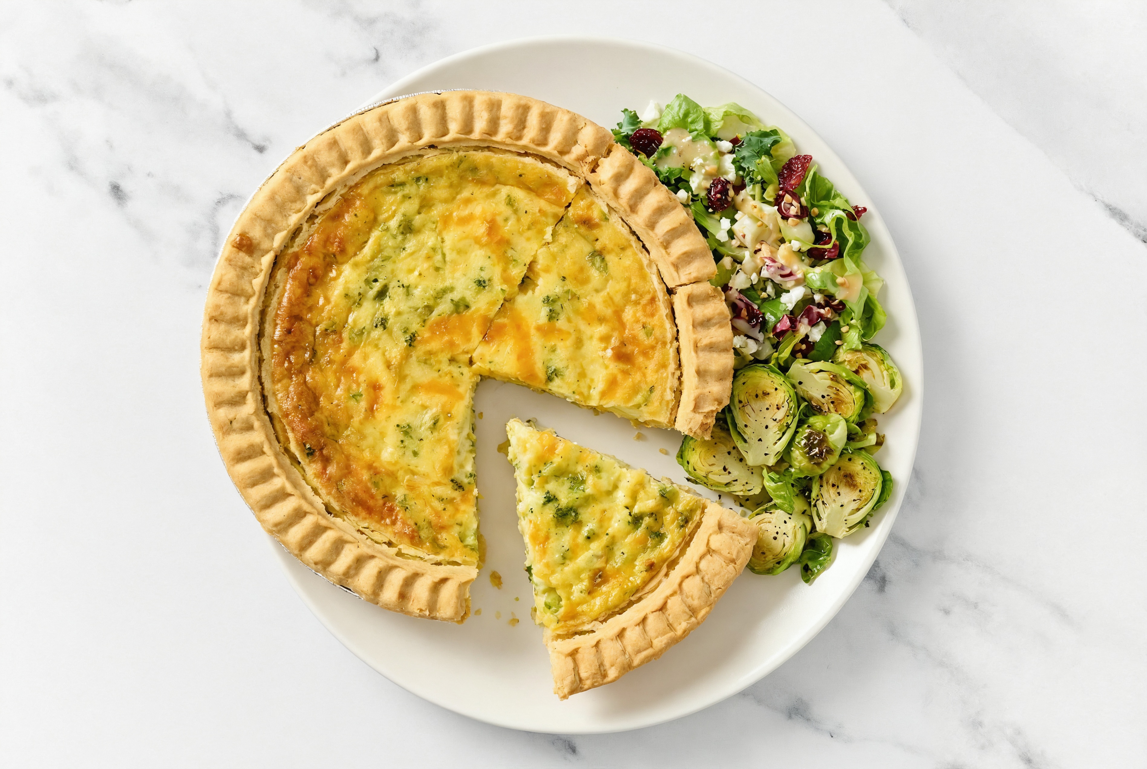 Broccoli & Cheddar Quiche with Brussels & Honey Citrus Salad