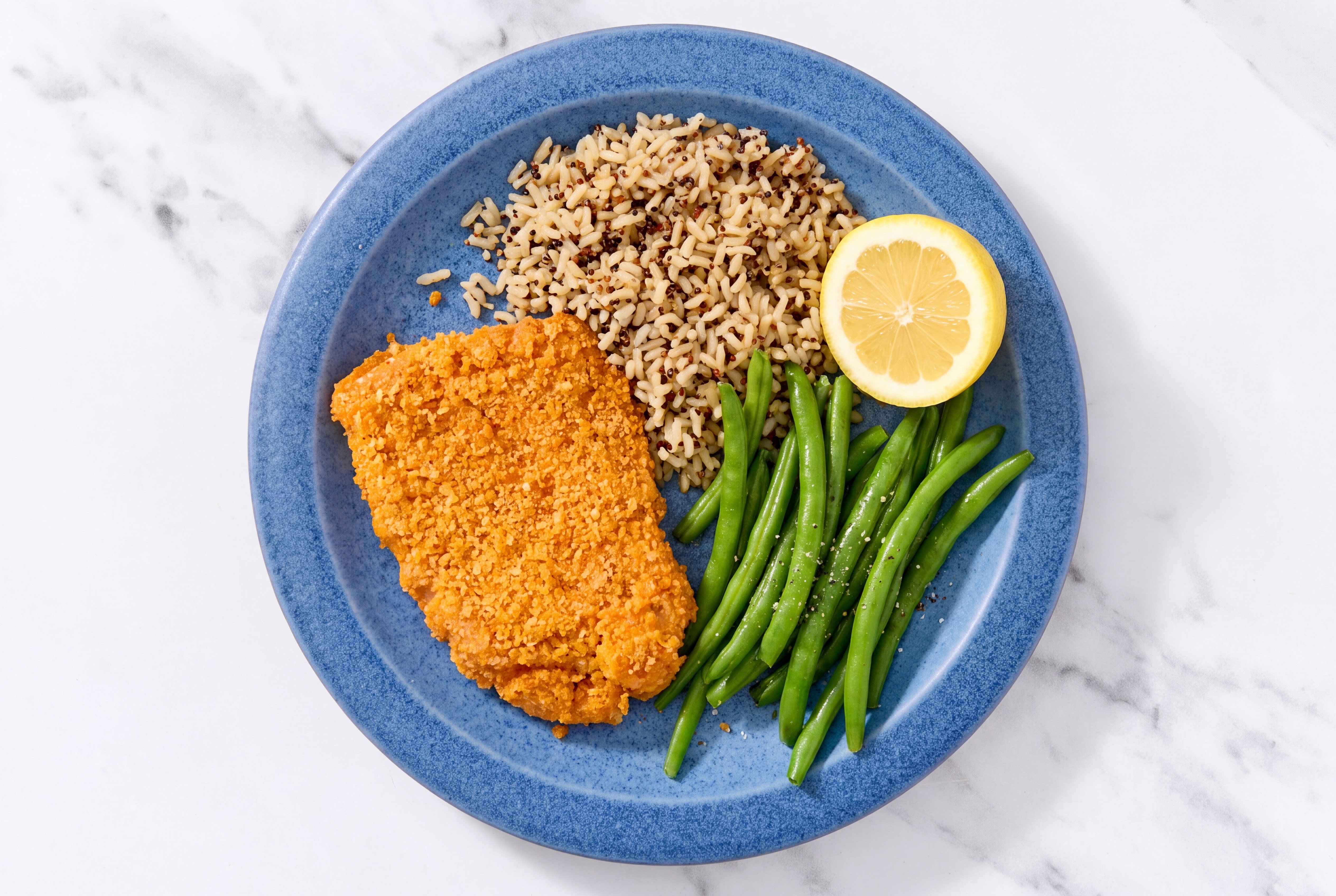 Lemon Hot Honey Breaded Chicken Cutlet with Green Beans & Brown Rice