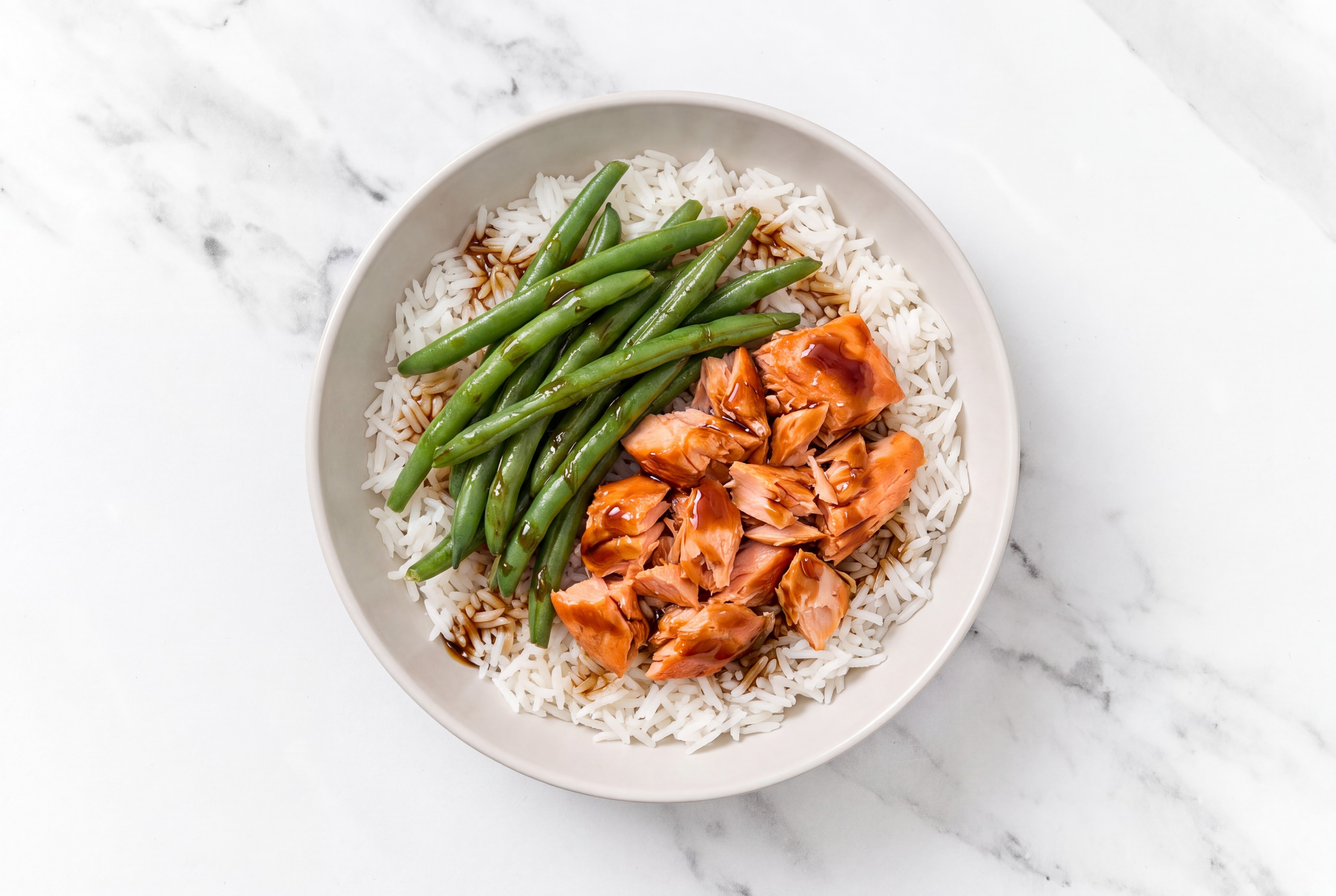 Smoked Salmon White Rice Bowl with Teriyaki & Green Beans