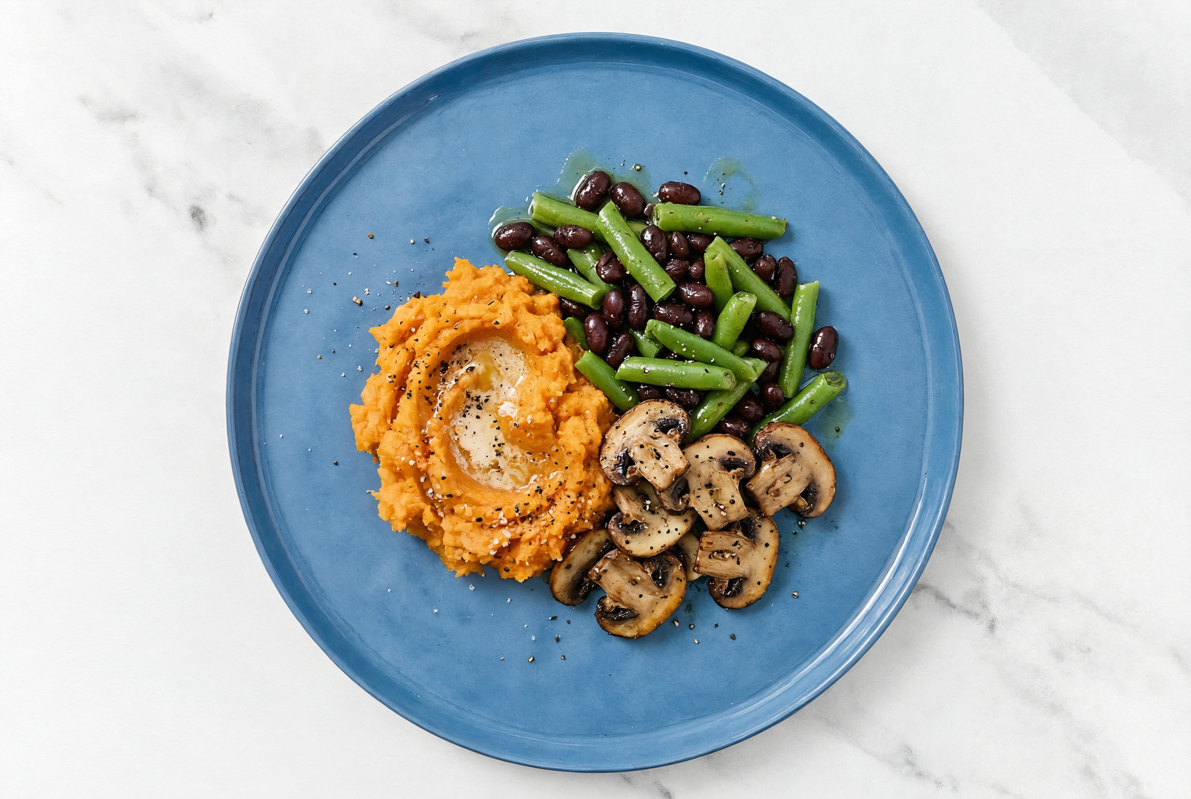 Sweet Potato Mash Plate with Green Beans, Mushrooms + Black Beans