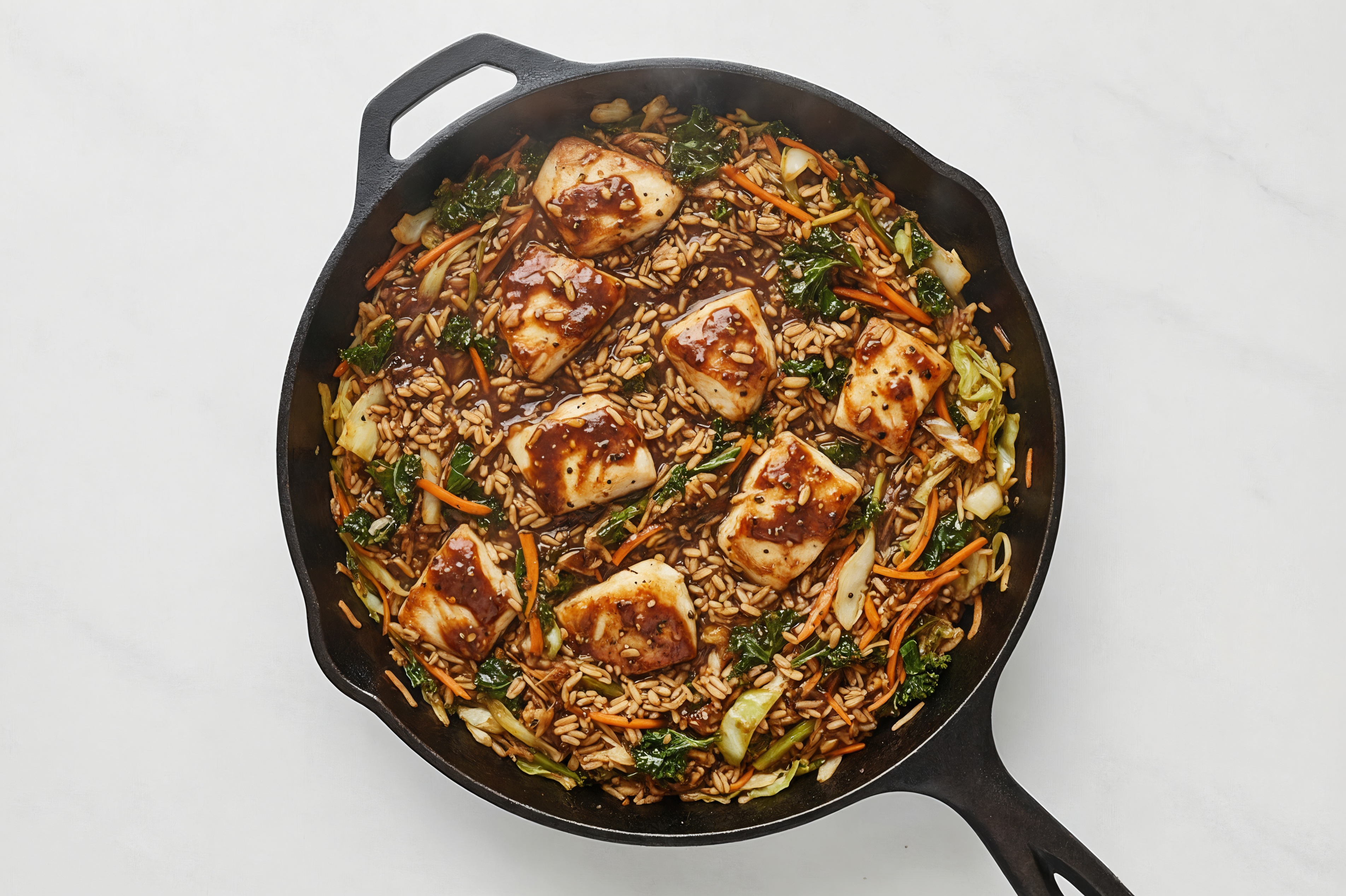 Sweet + Sour Veggie + Wild Halibut Stir-Fry with Long Grain White Rice