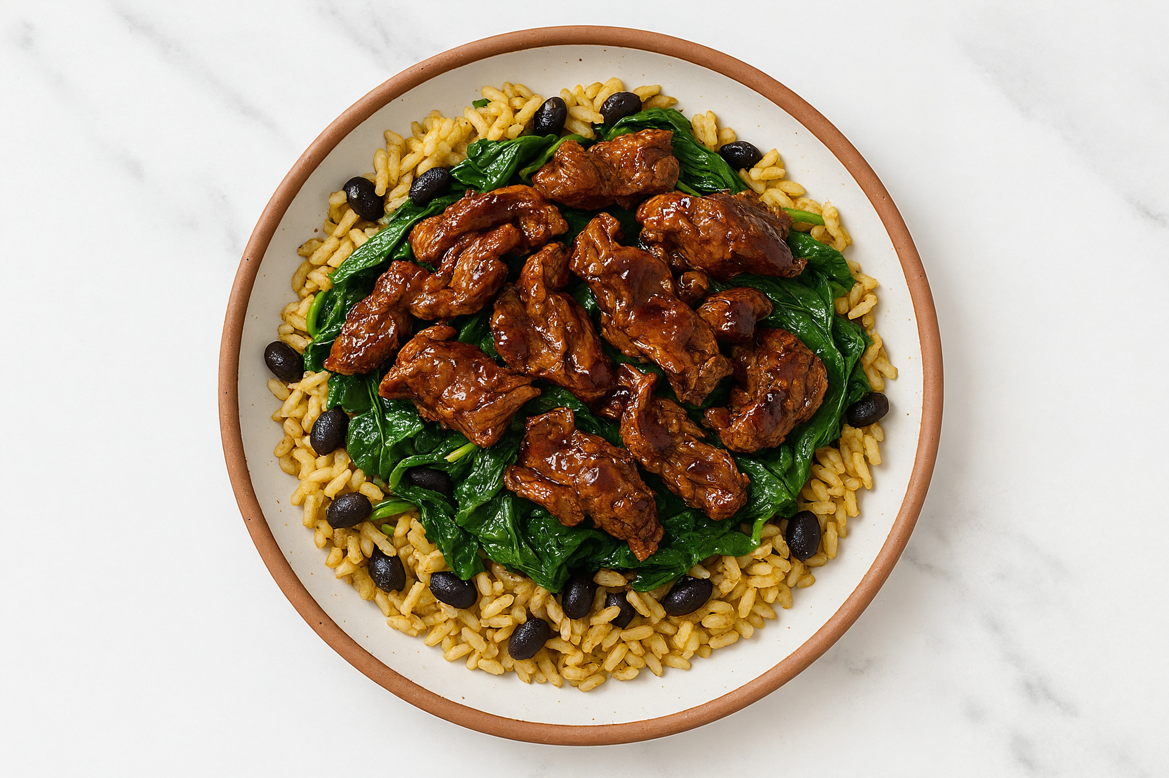 Honey Garlic Beef with Organic Spinach +  Rice with Beans