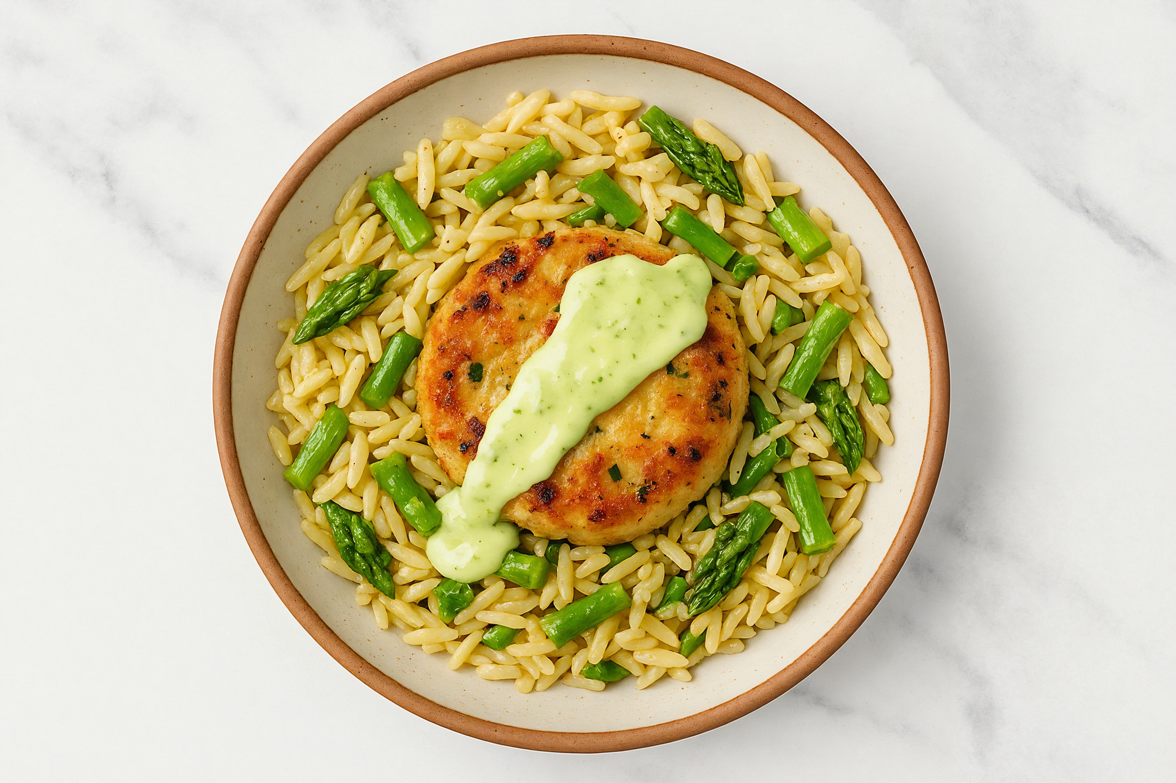Snow Crab Cakes Cake + Jalapeño Asparagus Orzo Bowl