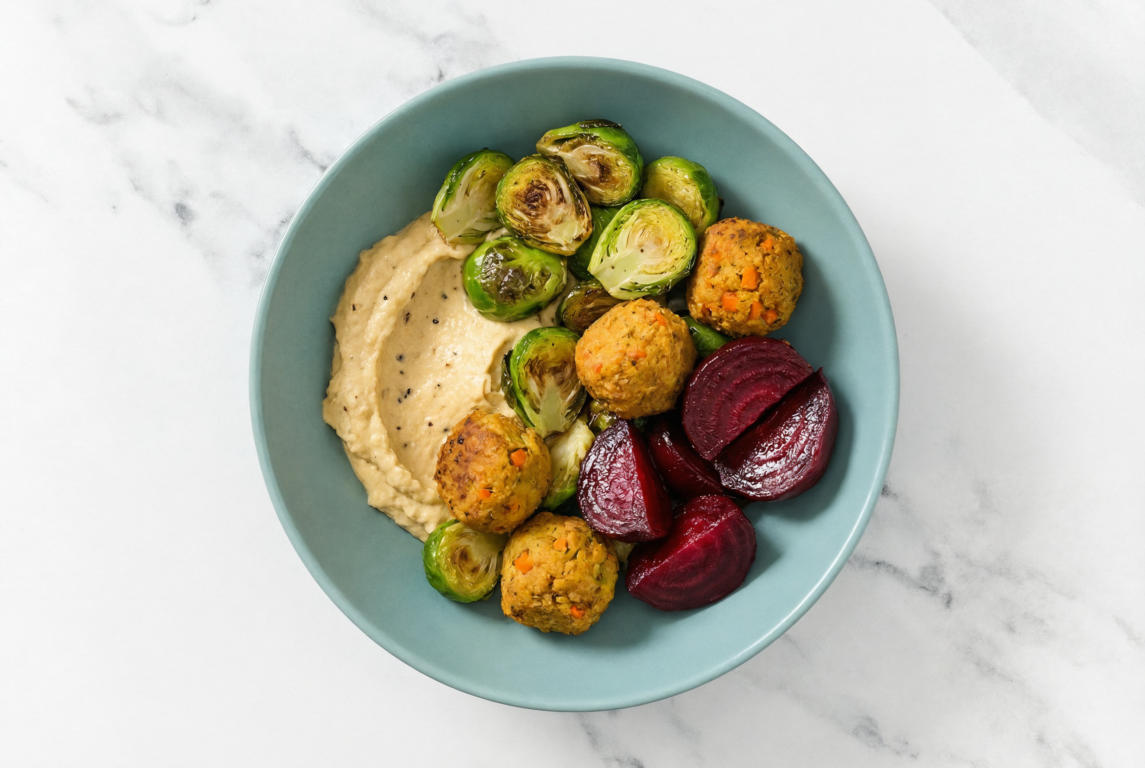 Eggplant Ball + Air Fryer Brussels French Onion Hummus Bowl