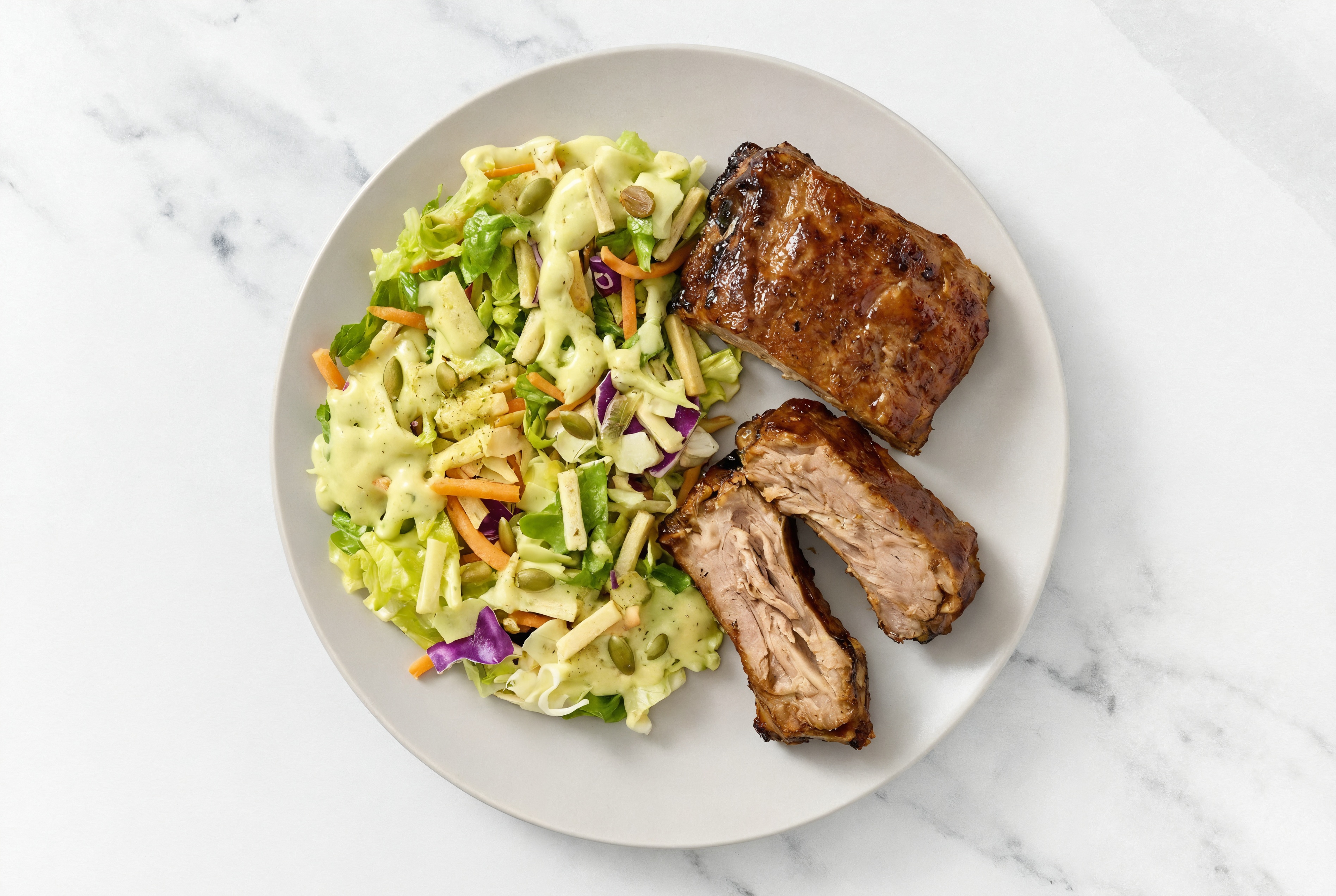 Sticky Asian Baby Back Ribs + Avocado Goddess Salad