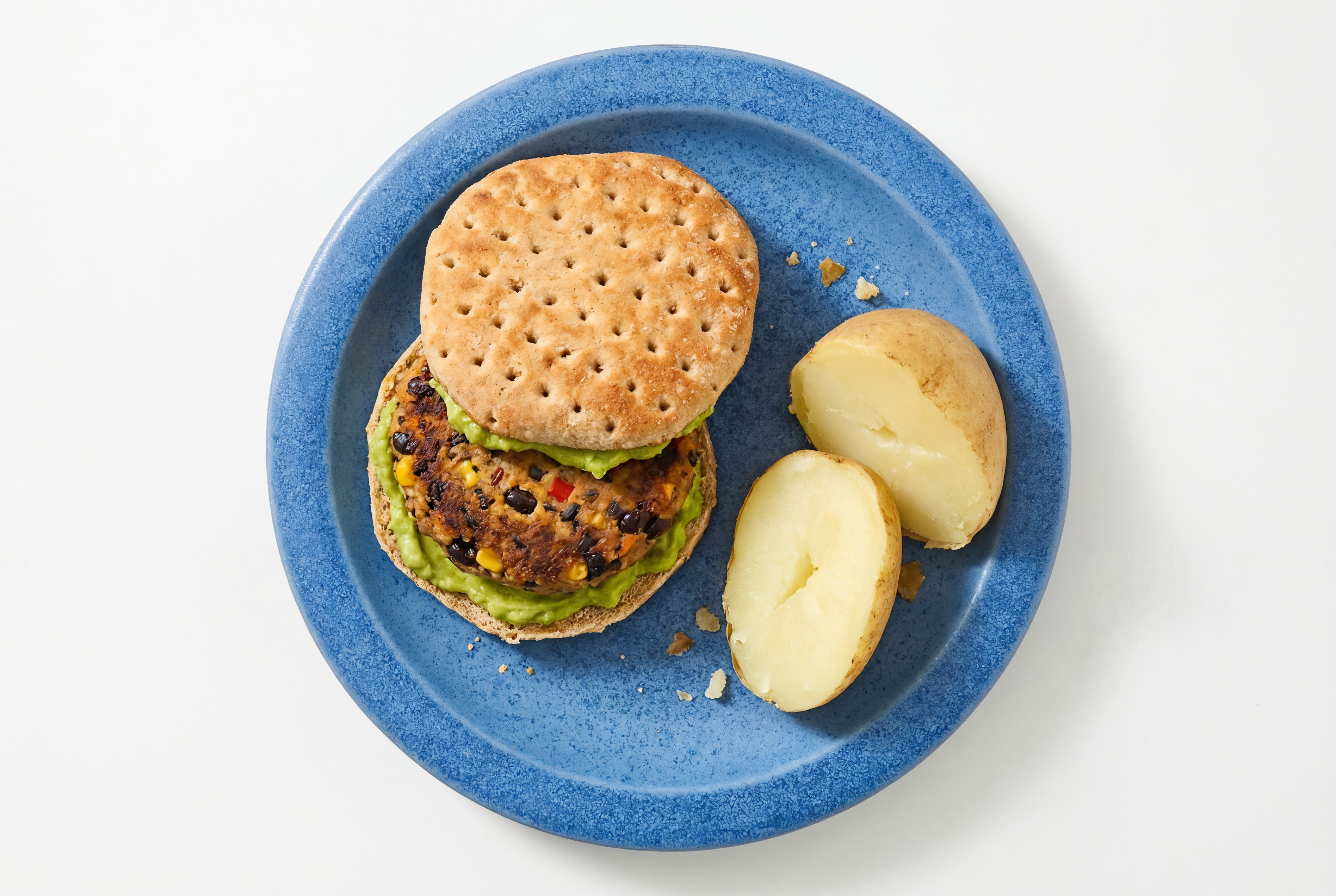 Black Bean Burger with Guacamole + Baked Potato