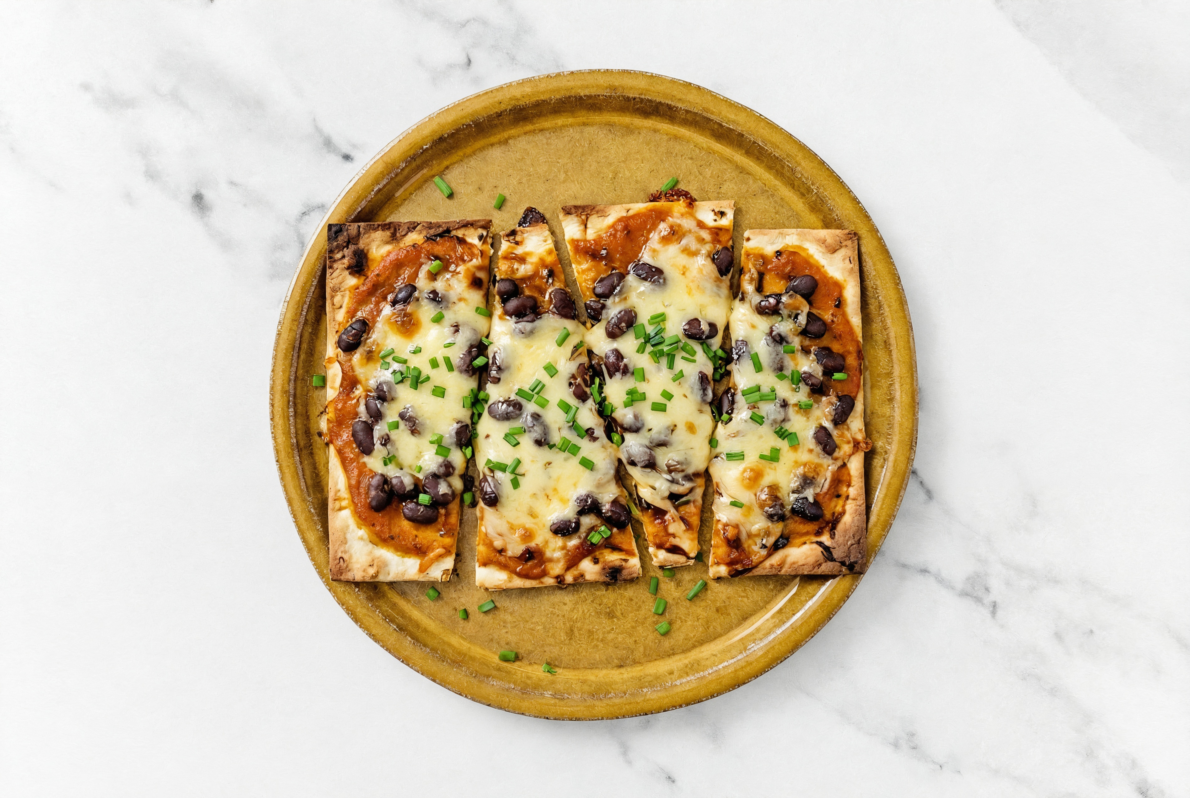 Spiced Tikka Cuban Black Beans Bean Lavash Pizza with Mild Havarti + Fresh Chives