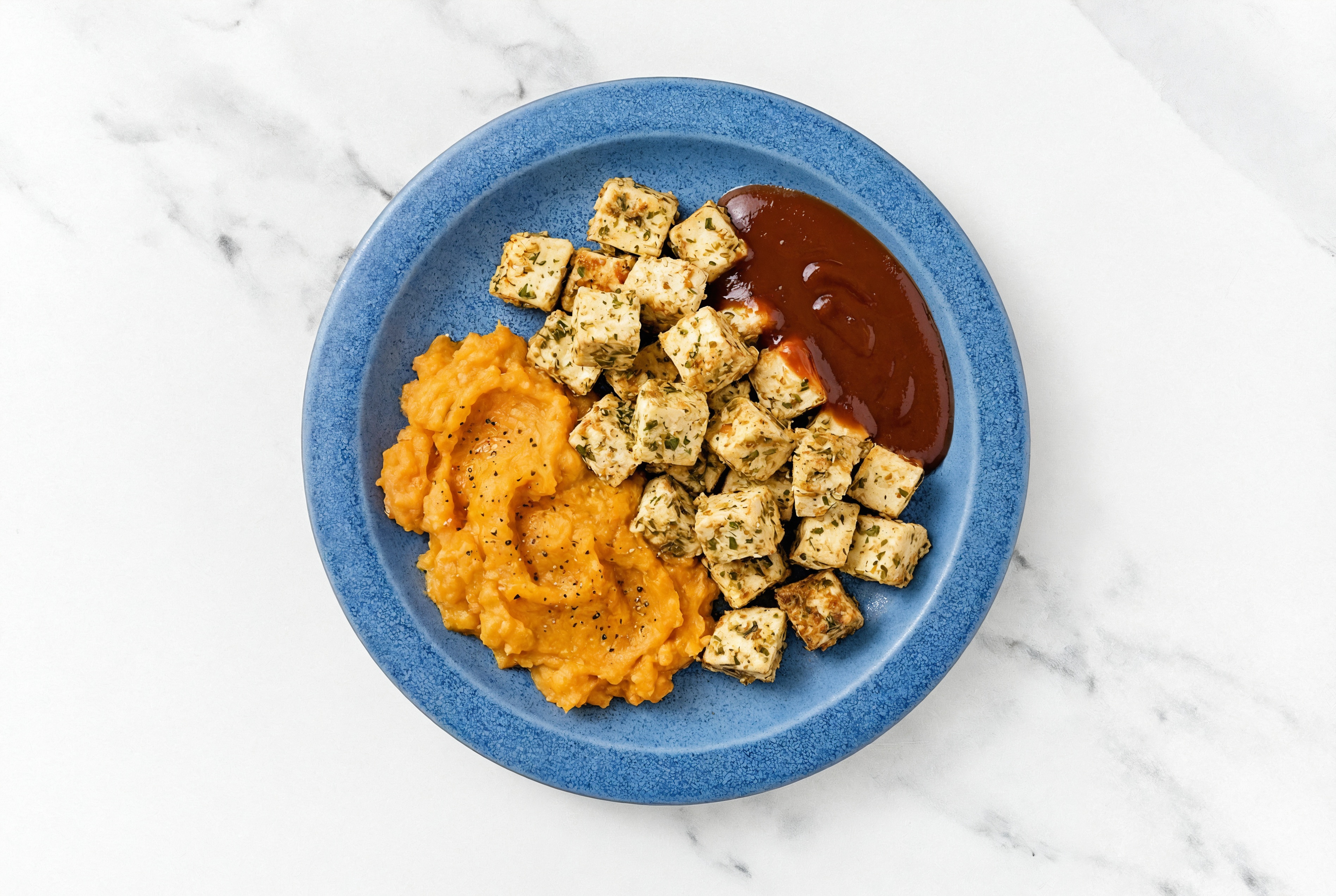 Sweet BBQ Tofu Bites with Mashed Sweet Potatoes with Original BBQ