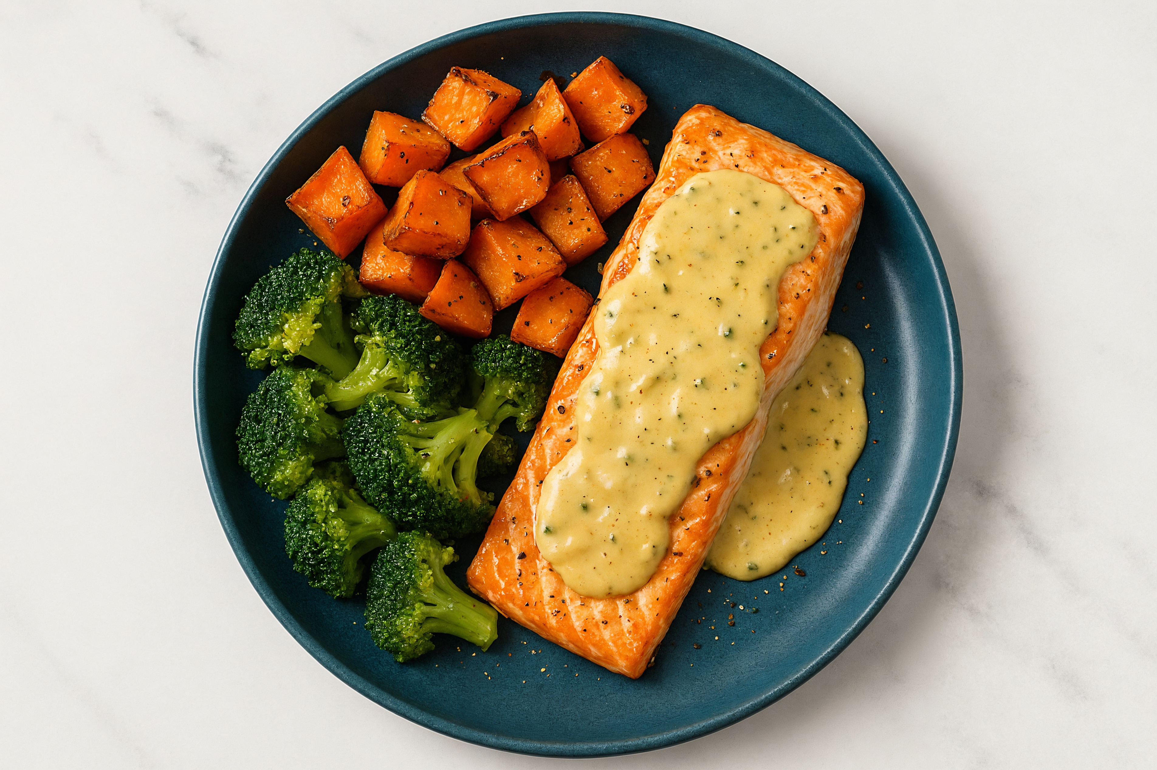 Hearty Baked Tahini Marinated Salmon + Roasted Veggies with Broccoli Florets