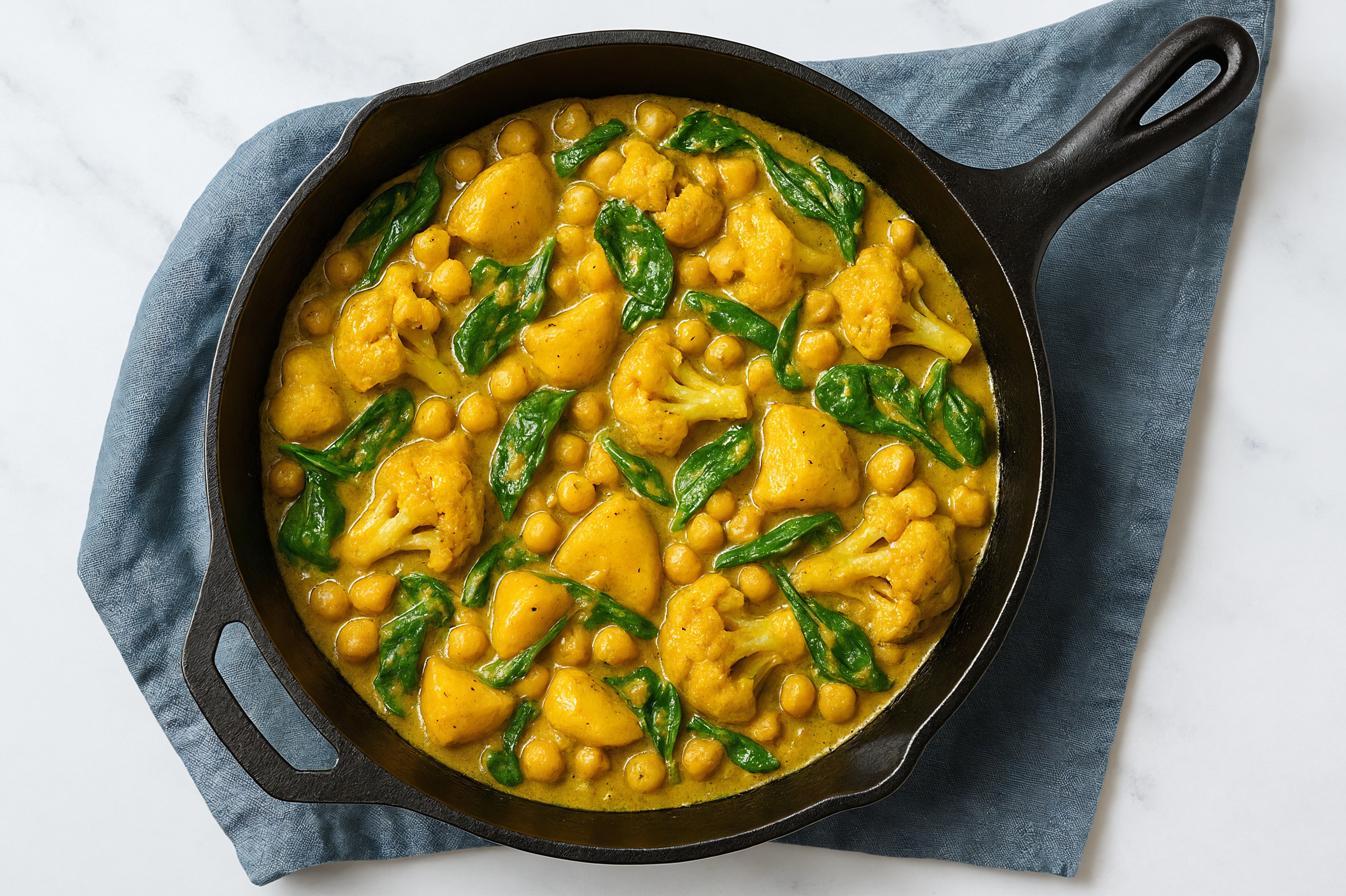 Garbanzo, Cauli, Spinach Saute with Coconut Curry + Yellow Potatoes