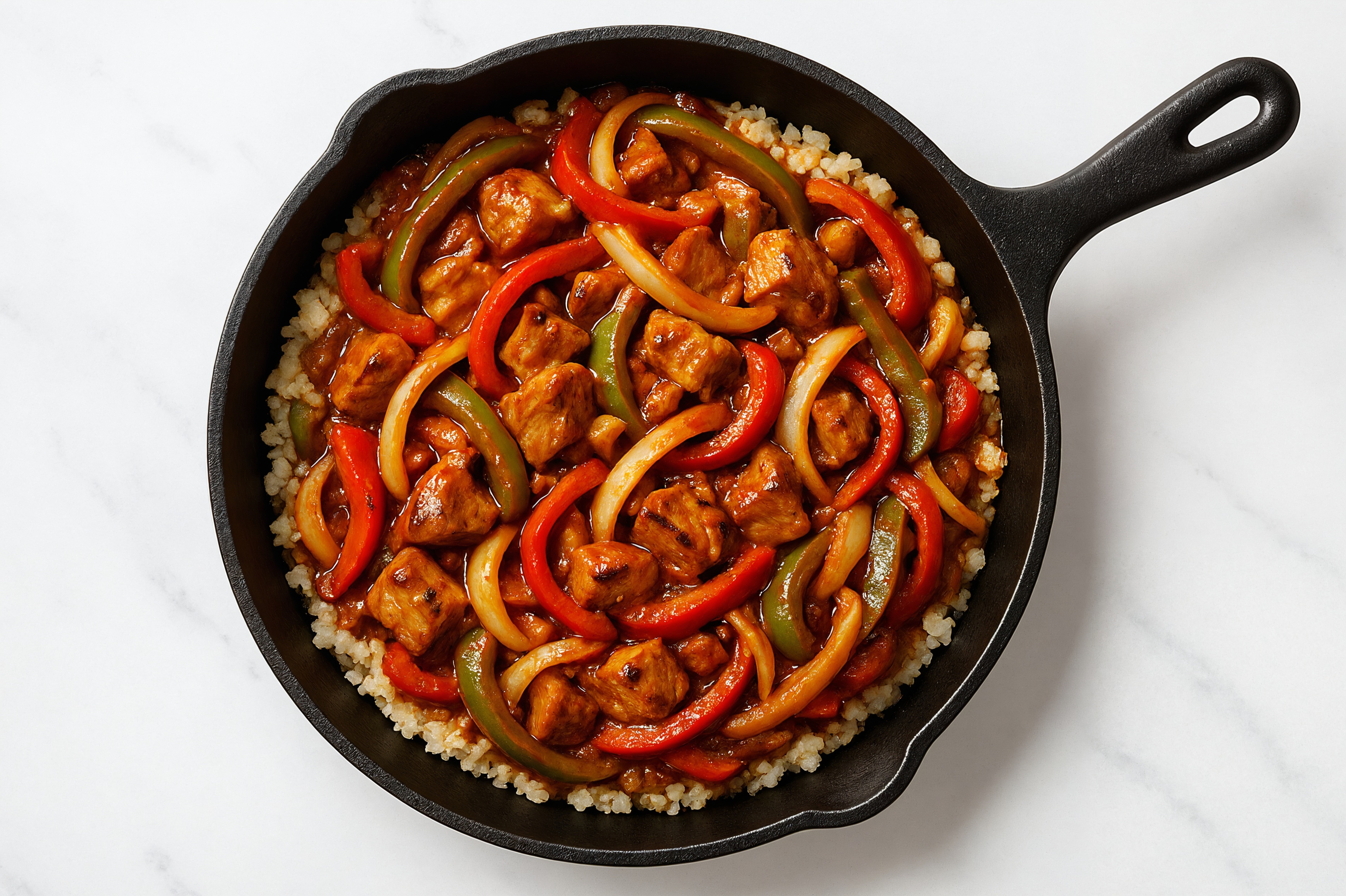 Spicy Vindaloo Grilled Pork Tenderloin Stir-Fry with Bell Peppers over Riced Cauliflower
