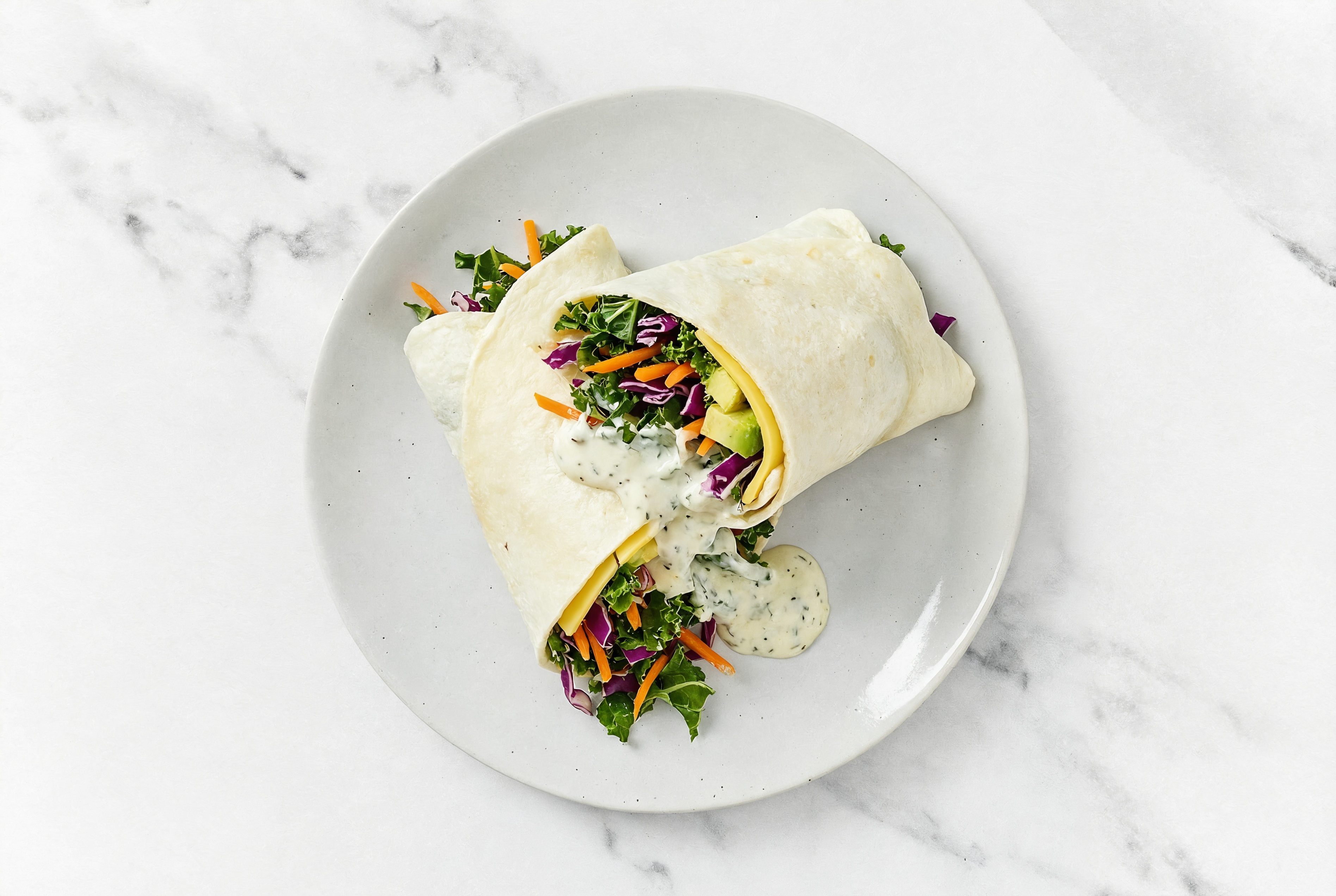 Tzatziki Avocado + Vegan Cheddar Wraps with Rainbow Veggies