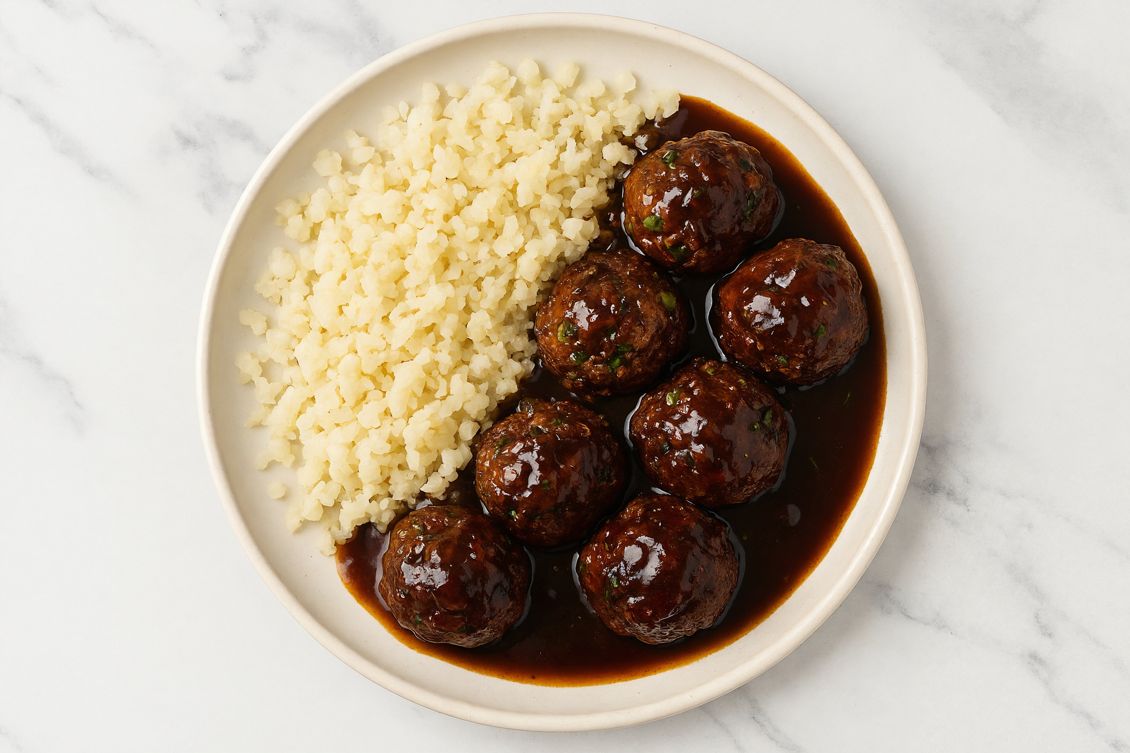 Teriyaki Tavern Beef Burger Meatballs + Cauliflower Rice