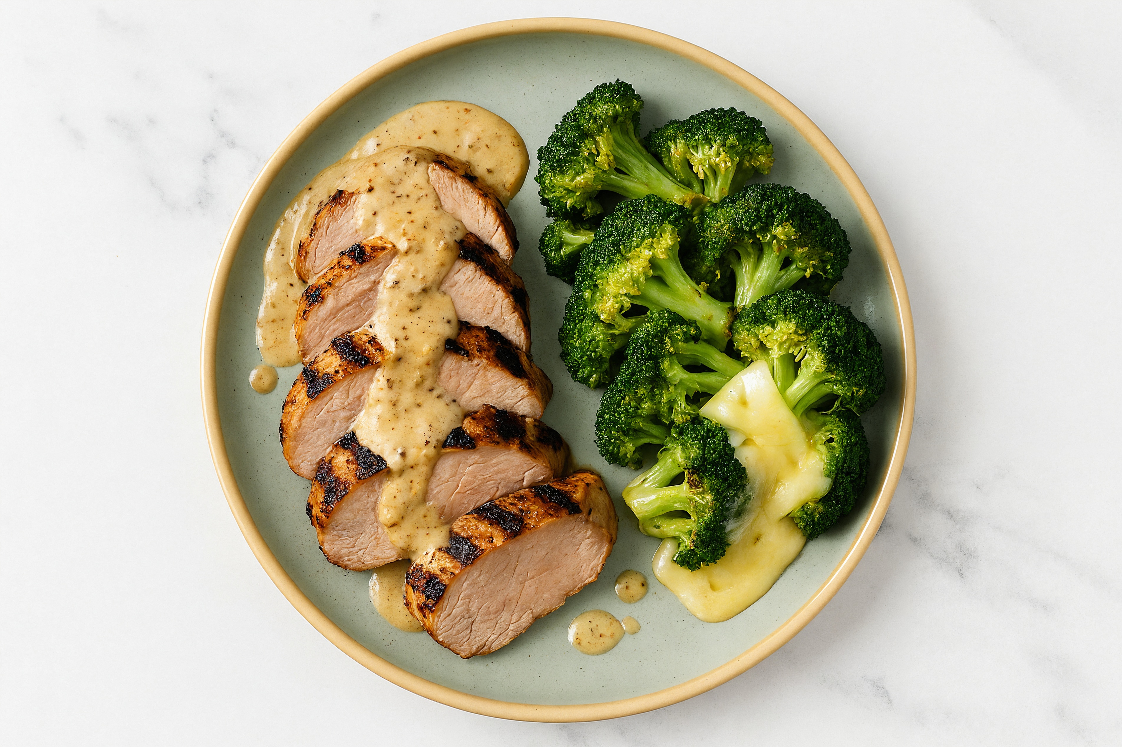 French Onion-Smothered Grilled Pork Tenderloin + Cheesy Organic Broccoli